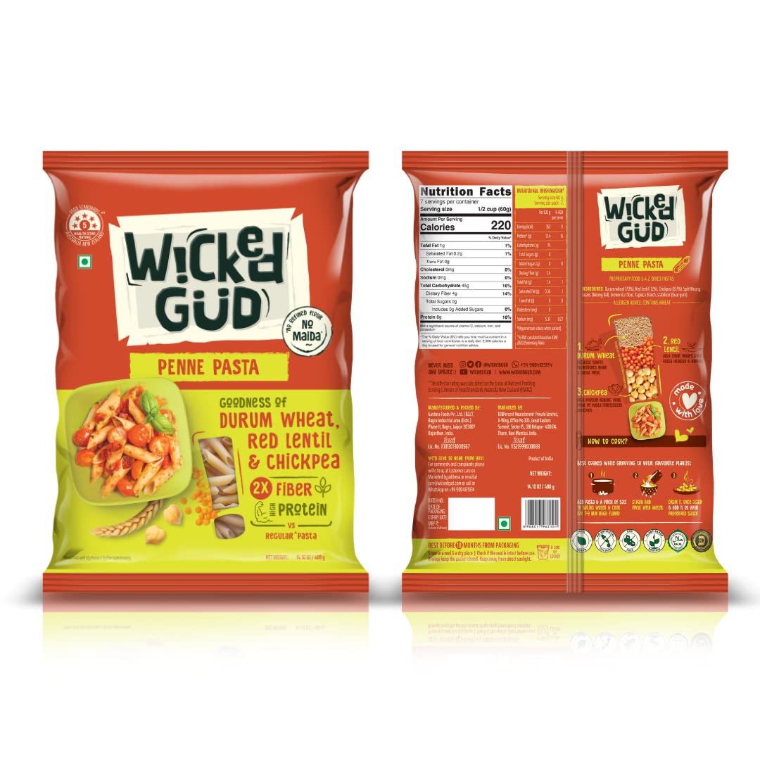 WickedGud 2X Fiber Penne & Spaghetti Pasta Combo - Healthy Durum Wheat Semolina, Brown Rice & Red Lentils Pasta (400g x 2) | No Maida | High Fiber Diet Pasta for Weight Loss & Gluten-Free Meals | Perfect for Italian Dishes, Vegan Recipes & Healthy Family Dinners