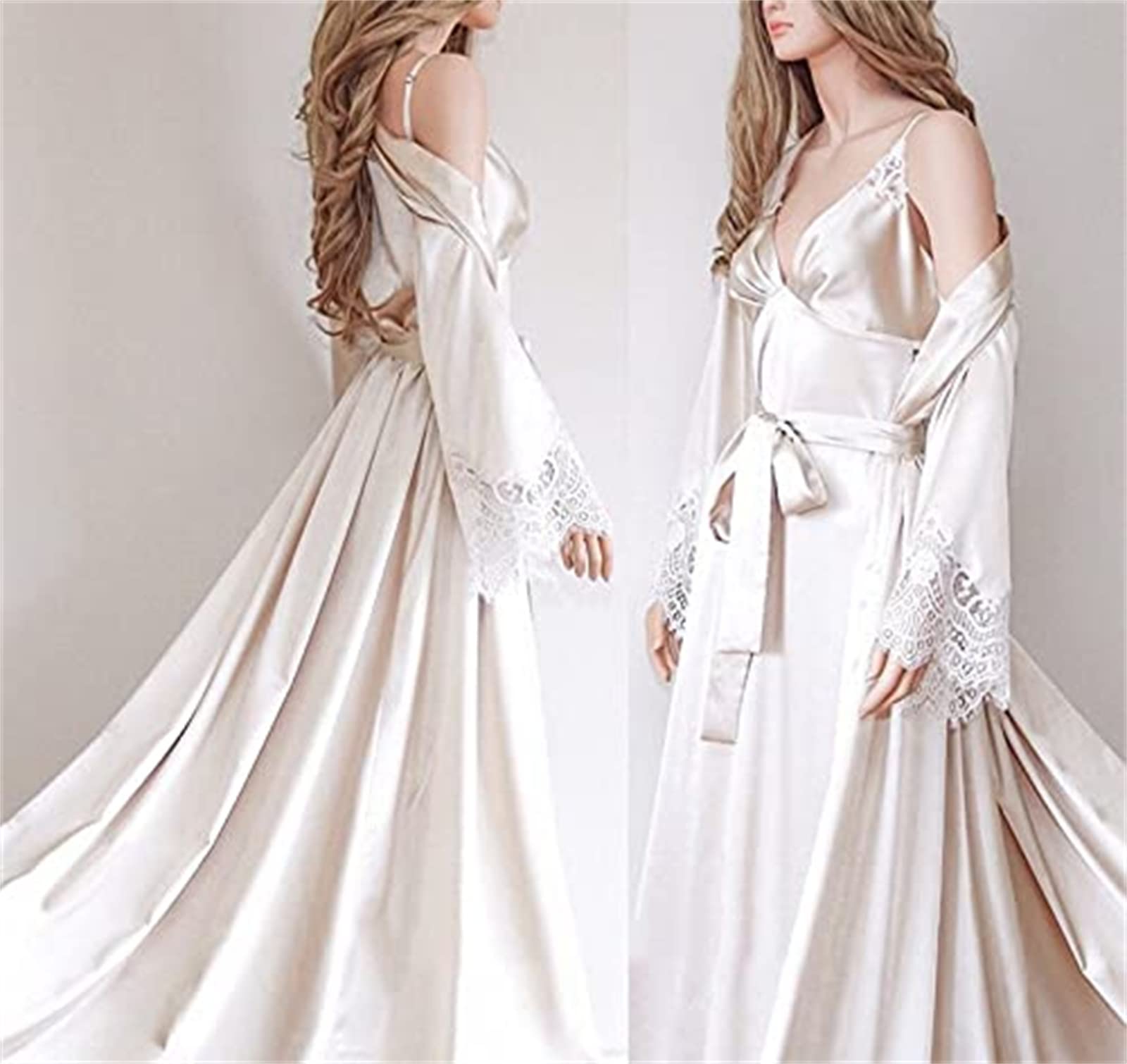 Sexy Satin Long Kimono Robe & Lace Pajama Set for Women - 2 Piece Sleepwear Nightgown for Bridal Party, Honeymoon & Boudoir Photography | Plus Size Available