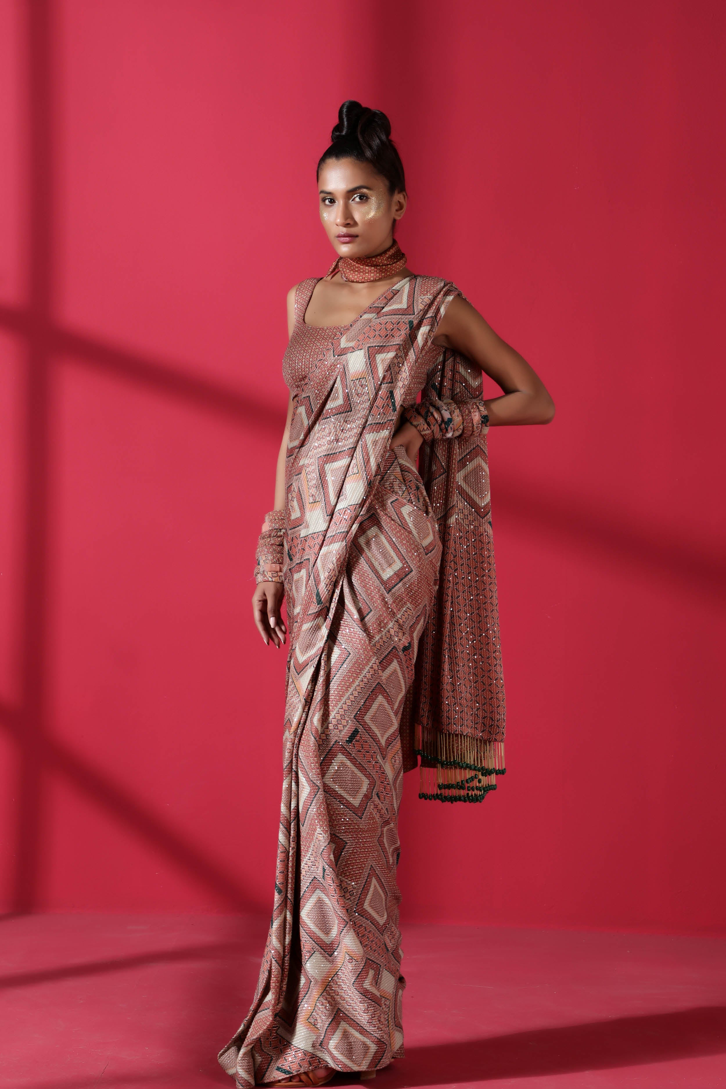 Terracotta Tile Print Two Piece Pre-Pleated Saree with Georgette Blouse - Elegant Indian Ethnic Wear for Weddings, Parties & Festive Occasions