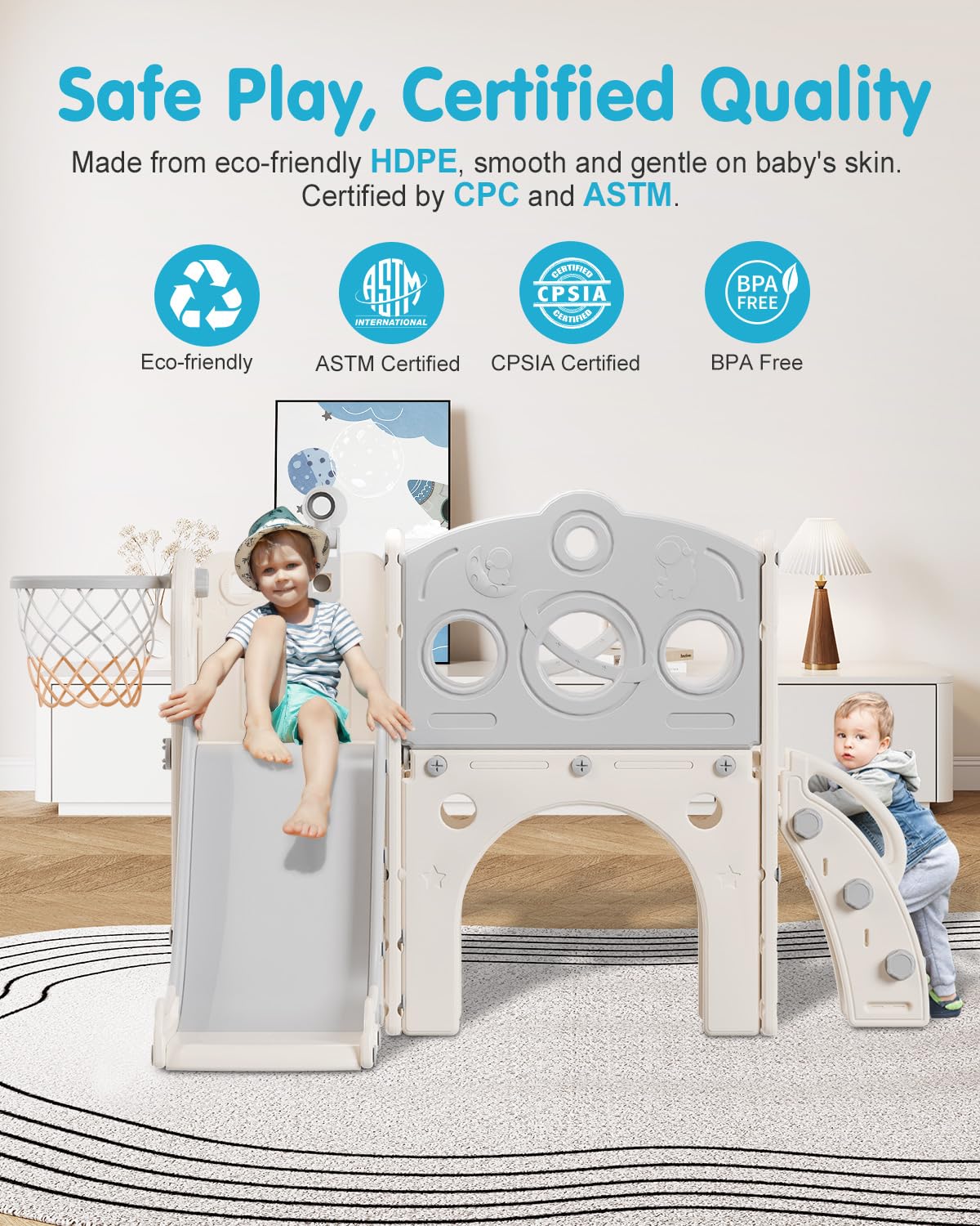 Babytronic 8-in-1 Toddler Slide Playset with Basketball Hoop, Telescope & Climber - Indoor/Outdoor Baby Slide for Ages 1-3 - White & Gray Kids Playground for Backyard, Nursery & Daycare Fun