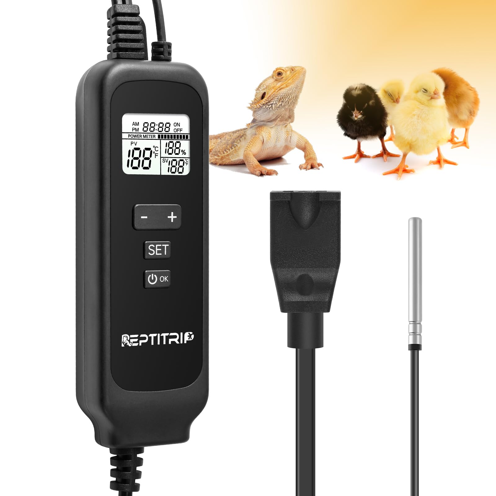 Reptile Thermostat with Temperature Probe - Dimmable PID Temperature Controller for Heat Lamps & Heating Pads, ℉/℃ Switchable with Memory Function - Ideal for Terrariums, Vivariums & Reptile Habitats