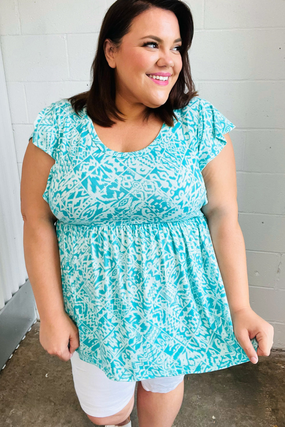 Aqua Blue Boho Print Ruffle Short Sleeve Babydoll Top - Flowy Summer Blouse for Beach, Music Festivals & Casual Outings