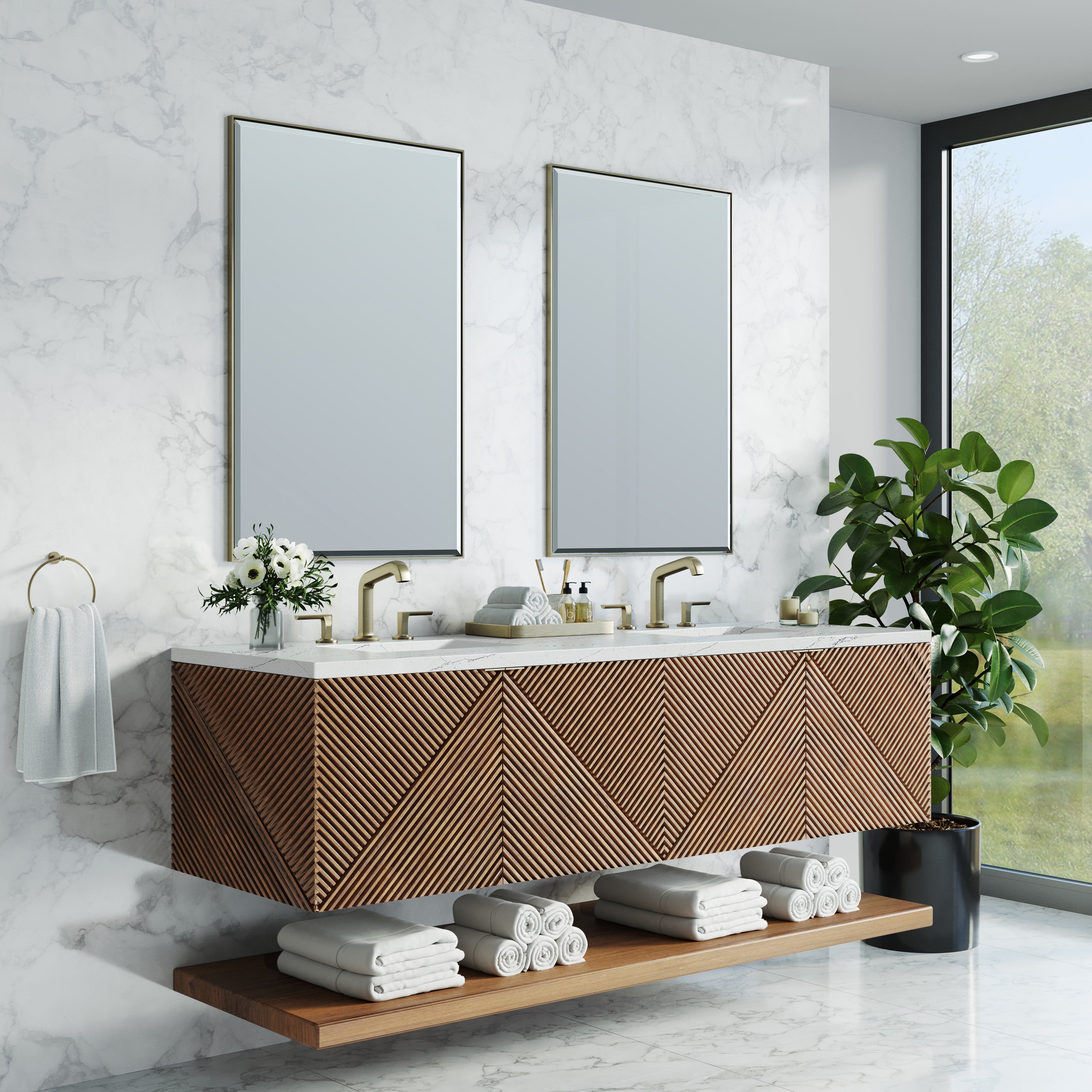 Marcello 72 Inch Double Bathroom Vanity with Sink - Chestnut Finish & 3CM Ethereal Noctis Quartz Countertop - Perfect for Master Bathroom or Guest Bath Remodel