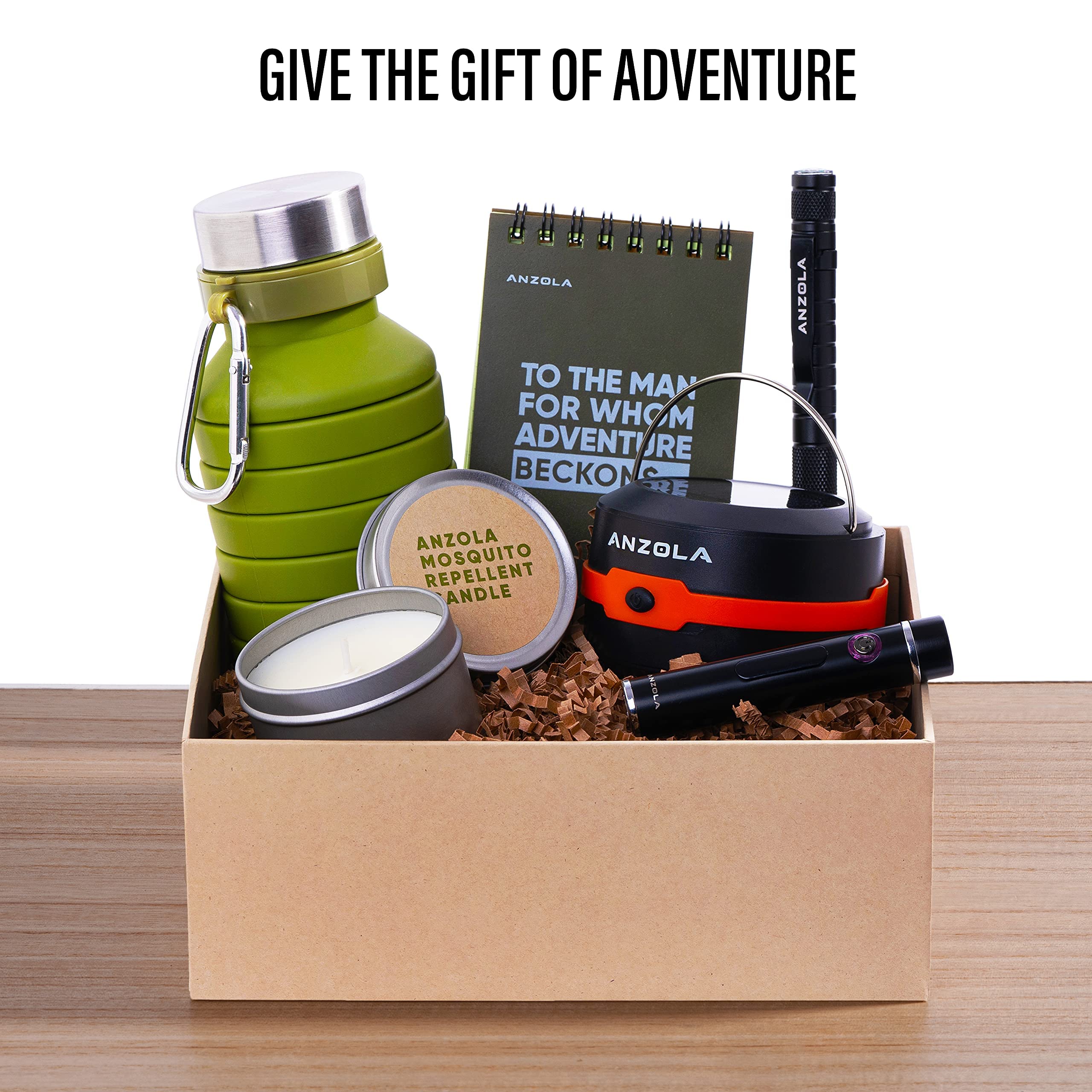Premium Camping Gift Set for Men - Travel Bottle, Waterproof Notepad, Solar Charger with Flashlight, USB Lighter & Tactical Pen - Perfect for Father's Day, Birthday Gifts for Dad, Husband or Boyfriend - Ideal for Outdoor Adventures, Hiking, Camping Trips & Emergency Preparedness