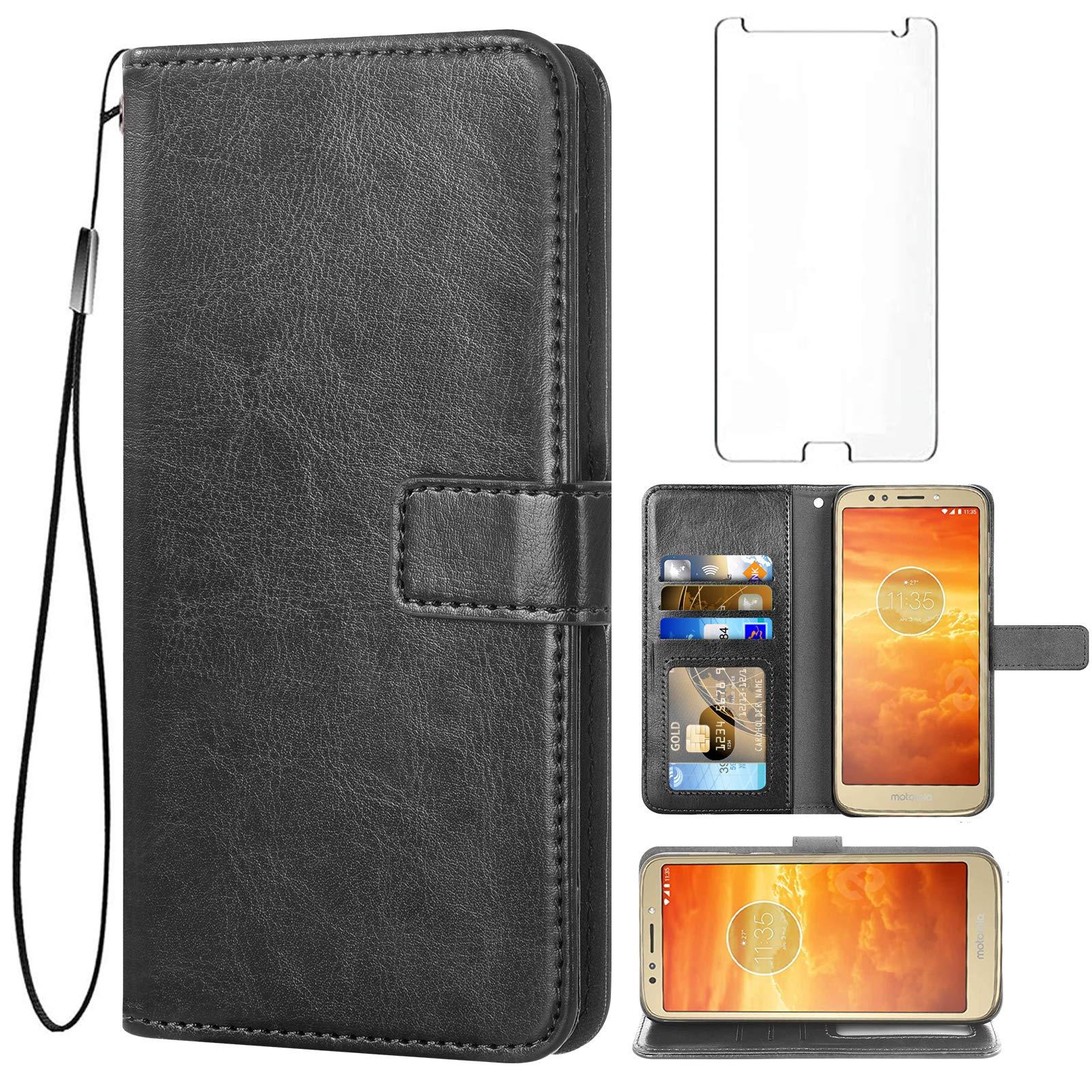 Premium Moto E5 Play Wallet Case with Tempered Glass Screen Protector - Leather Flip Cover Card Holder & Stand for Motorola Moto E5 Play/E5/Cruise/5E/Go (Black) | Perfect for Daily Use, Travel & Business Meetings