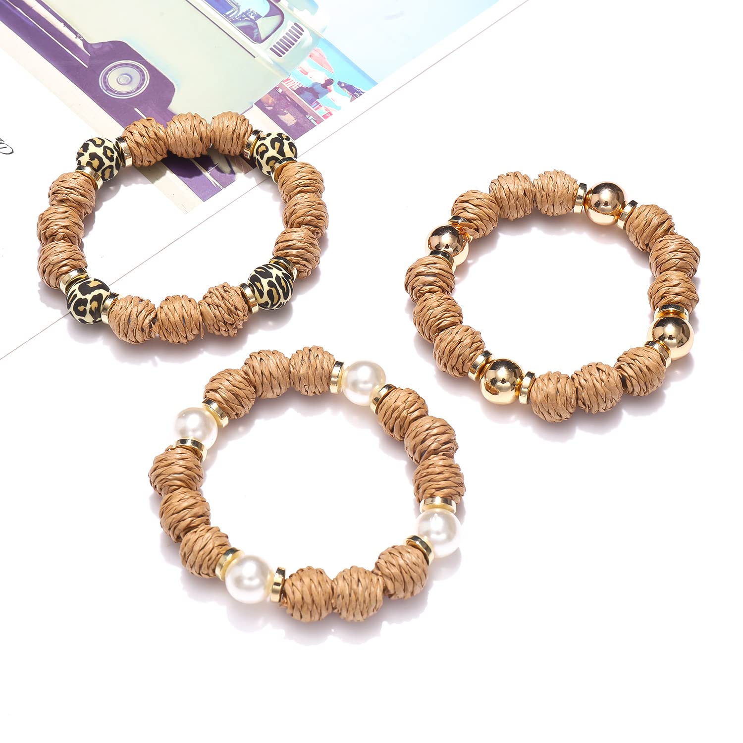 Handmade Woven Rattan Ball Beaded Stretch Bracelets for Women - Stackable Boho Bangle Jewelry Set for Summer, Beach, Vacation & Festival Wear