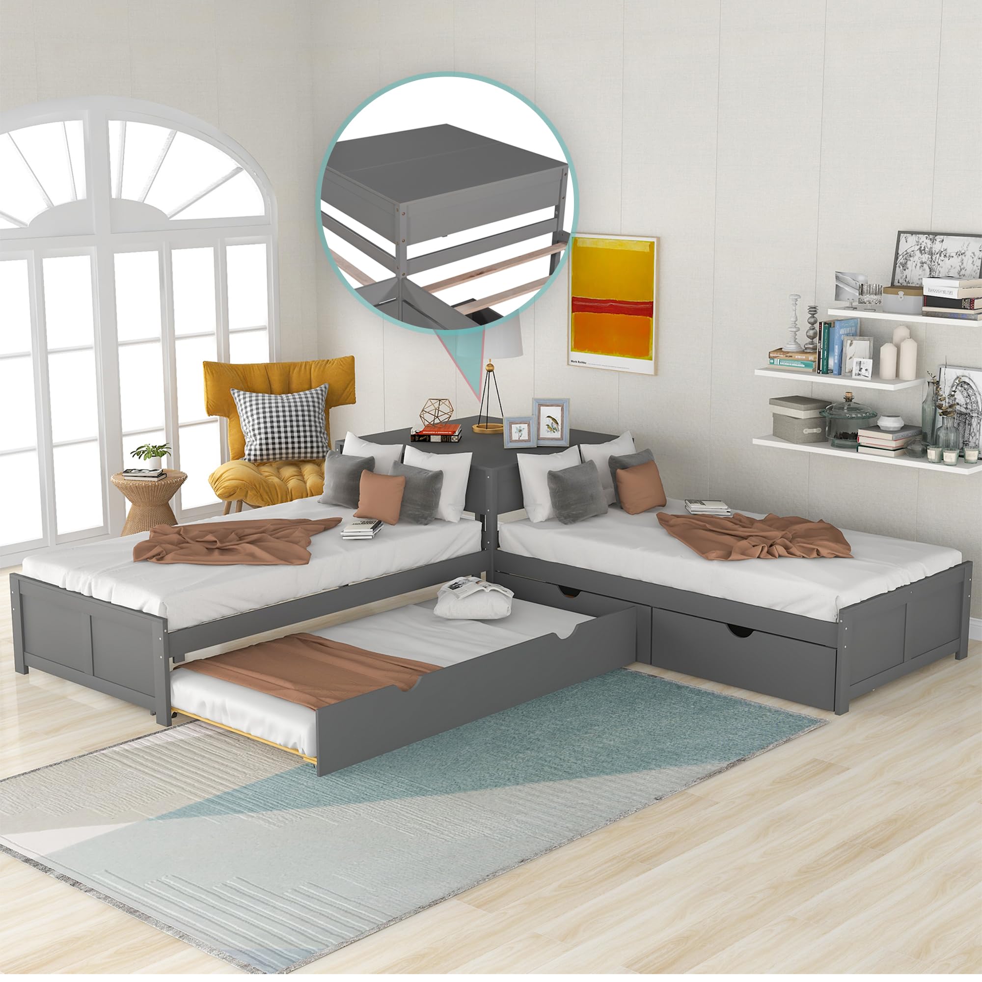 Twin L-Shaped Storage Daybed with Trundle & Drawers - Convertible Sofa Bed for Living Room, Bedroom, Guest Room (Grey)