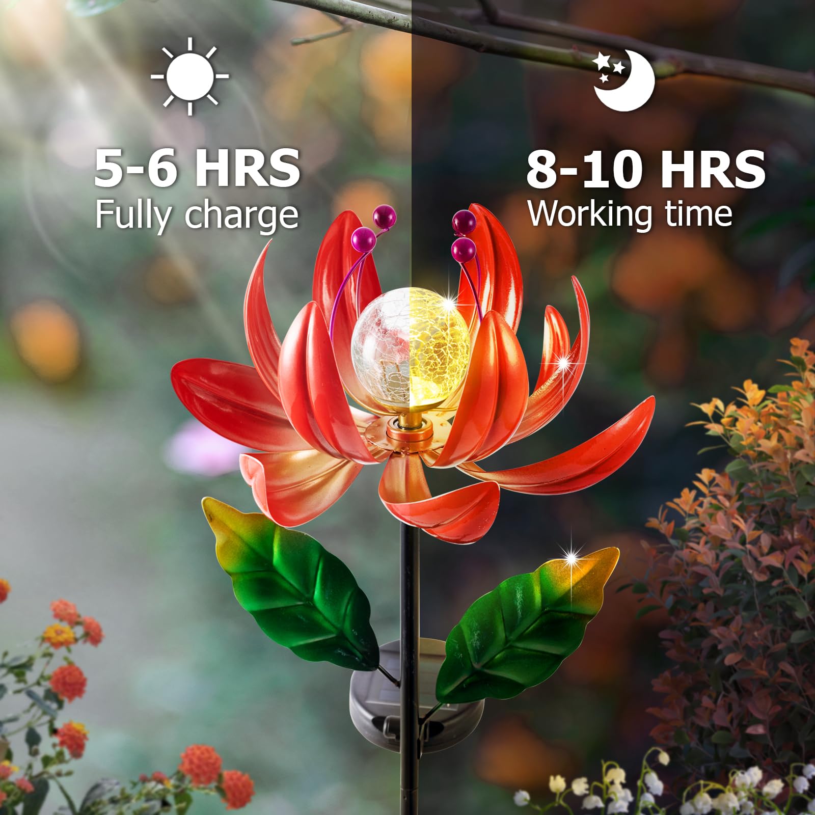 Solar Powered Outdoor Wind Spinner - Metal Lotus Flower Garden Decor with Waterproof LED Crackle Glass Globe for Patio, Lawn & Yard | Perfect for Backyard, Pathway & Landscape Lighting at Night