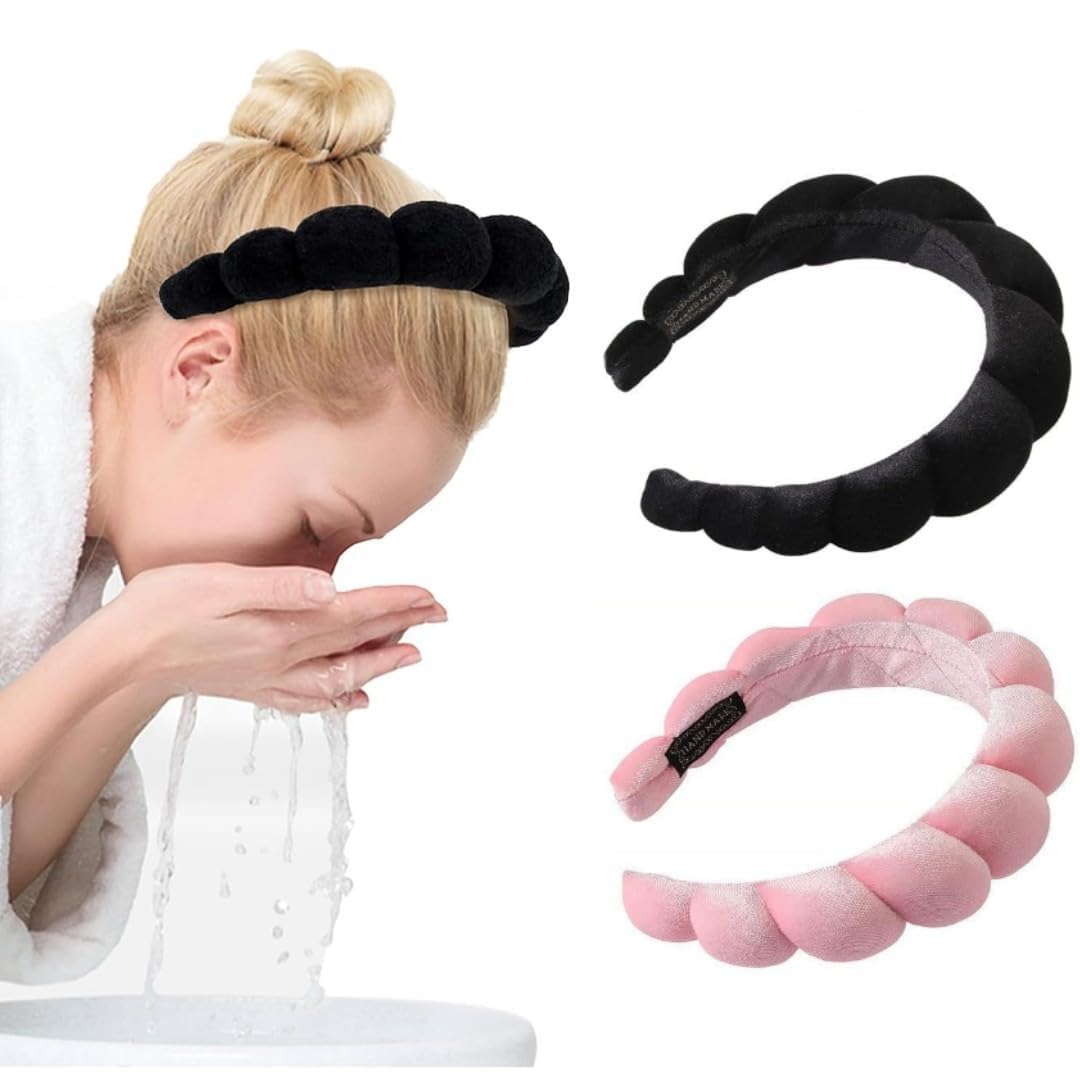 2 Pack Soft Puffy Makeup Headbands for Women & Girls - Non-Slip Spa Hair Bands for Face Washing, Skincare, Yoga & Relaxation (Black & Pink) - Perfect for Home Spa Days, Beauty Routines & Self-Care Sessions