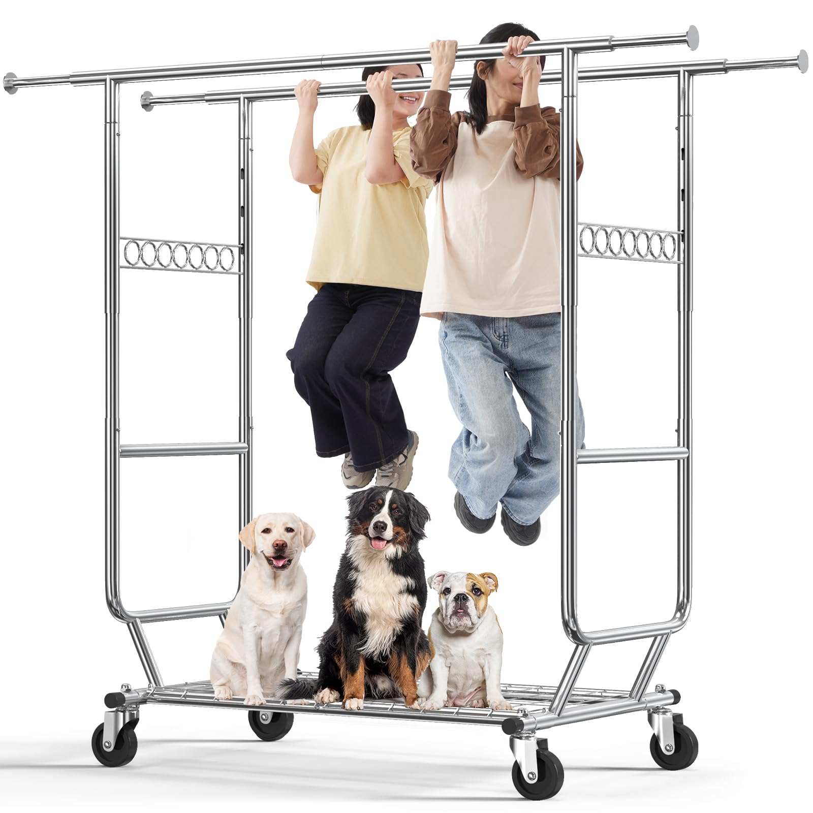 HOKEEPER Heavy Duty Collapsible Garment Rack with Wheels - Double Rod Clothes Hanging Rack with Shelves | Portable Commercial Clothing Rack for Retail Stores, Boutiques, Laundry Rooms & Home Organization