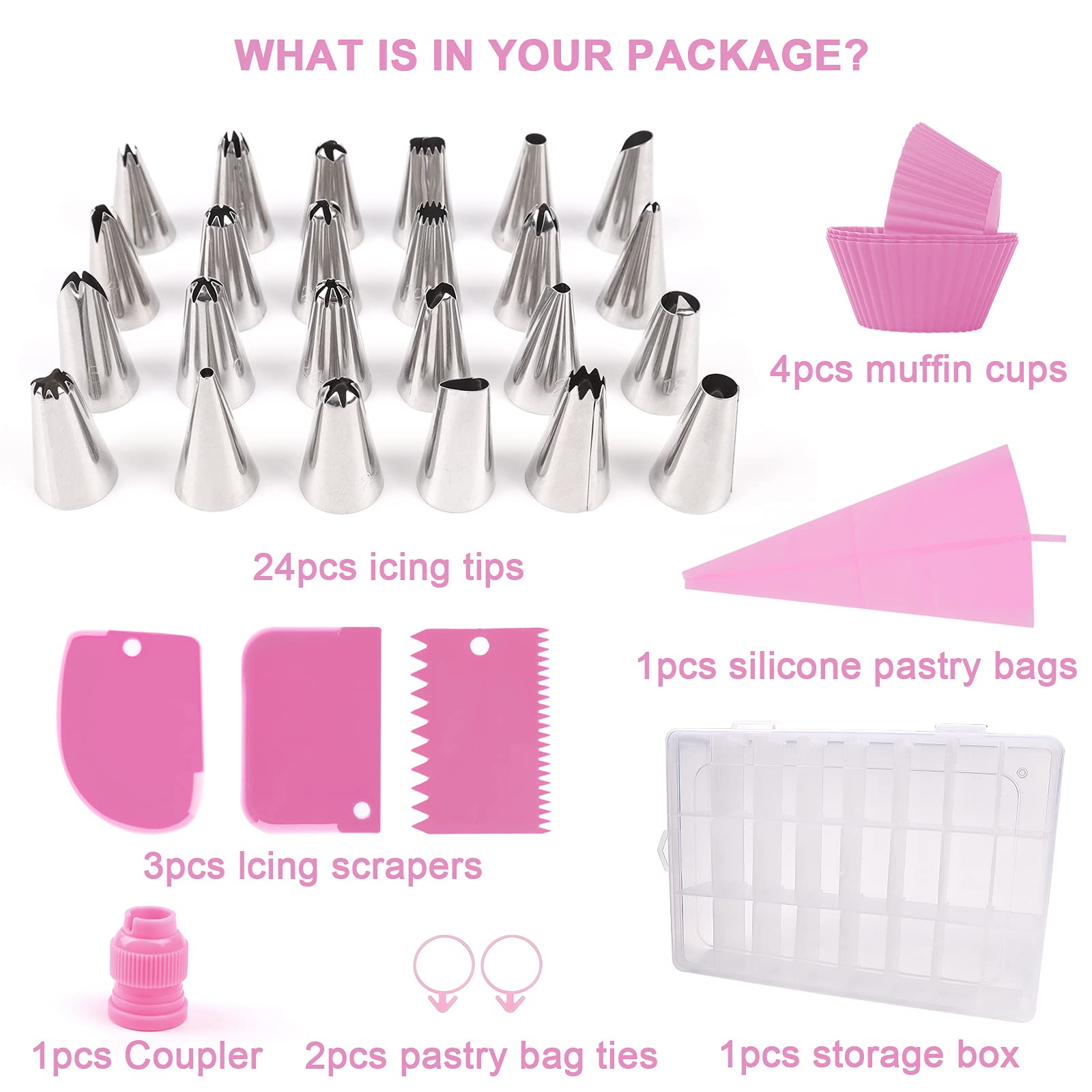 NANAKKI 35PCS Professional Cake Decorating Kit - 24 Icing Tips & Silicone Piping Bags with Storage Box (Pink) | Perfect for Birthday Cakes, Cupcakes, Cookies & Pastry Decorating