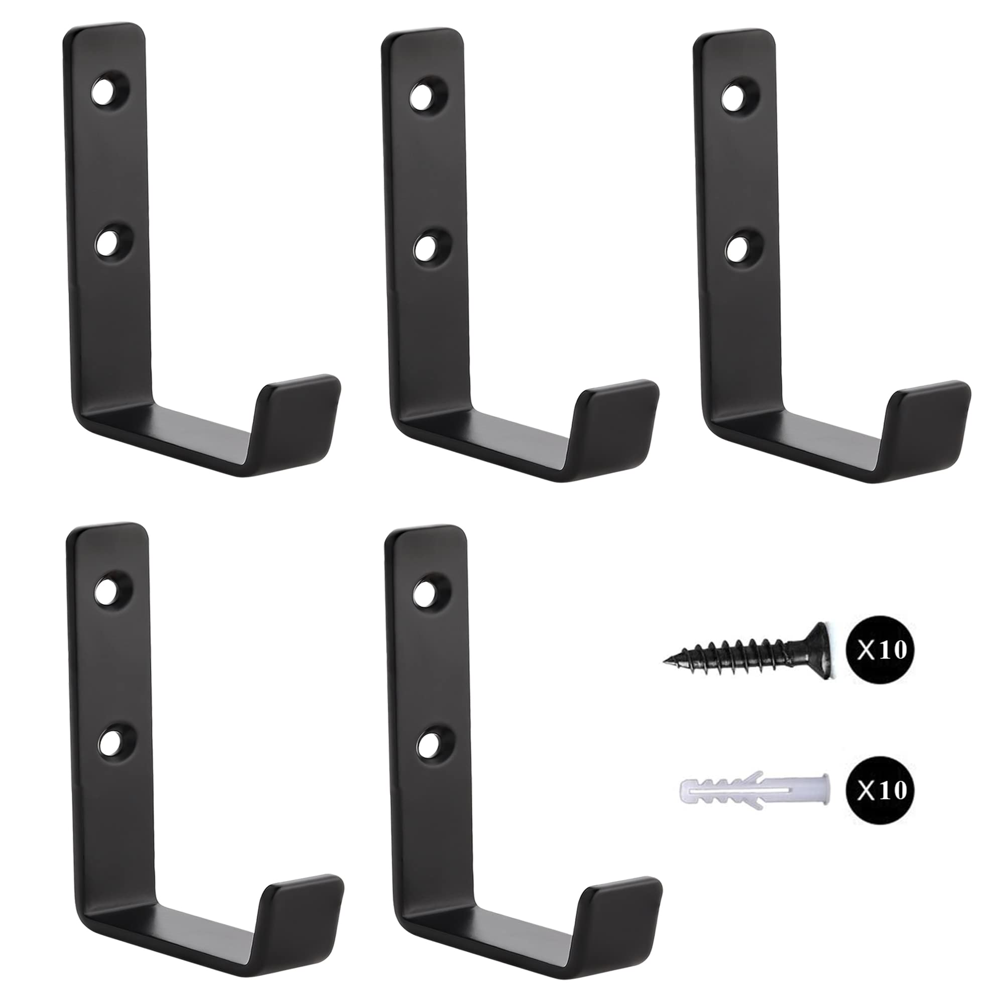 5-Pack Heavy Duty Black Wall Hooks - Extra Thick Pure Metal Towel Hangers with Screws for Secure Installation - Never Falling Coat, Key & Robe Hooks (Bright Black) - Perfect for Bathroom, Bedroom, Kitchen & Entryway Organization