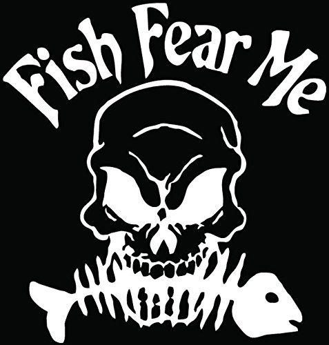 Fish Fear Me Skull Bones Fishing Decal - 10 Inch (25cm) Gloss White Vinyl Sticker for Car, Truck Window & Bumper - Perfect for Anglers & Outdoor Enthusiasts