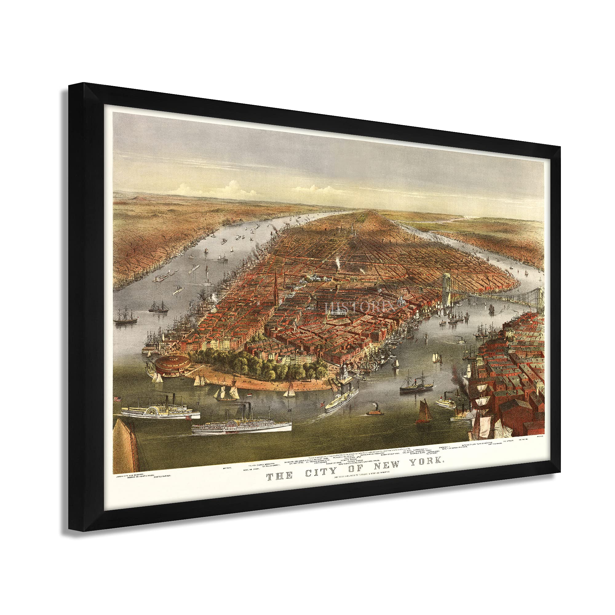 1870 Vintage New York City Map Poster - 17x25 Inch Black Framed Wall Art - Restored Historic NYC Decor - Perfect for Home Office, Classroom & Gift