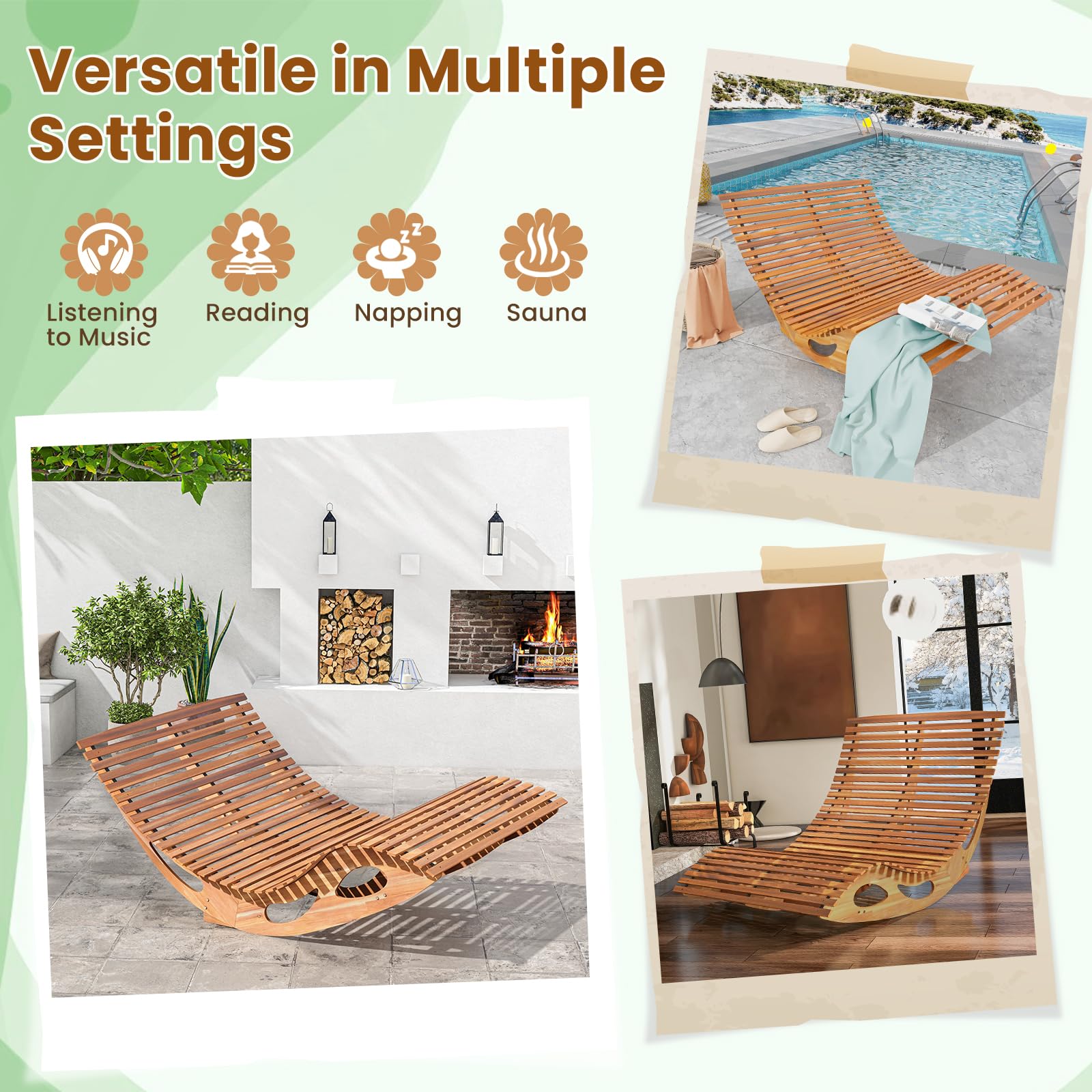 Premium Acacia Wood Double Chaise Lounge - Outdoor Rocking Loveseat with High Back & Slatted Seat, 440 lbs Capacity - Perfect for Patio, Poolside, Garden & Backyard Relaxation