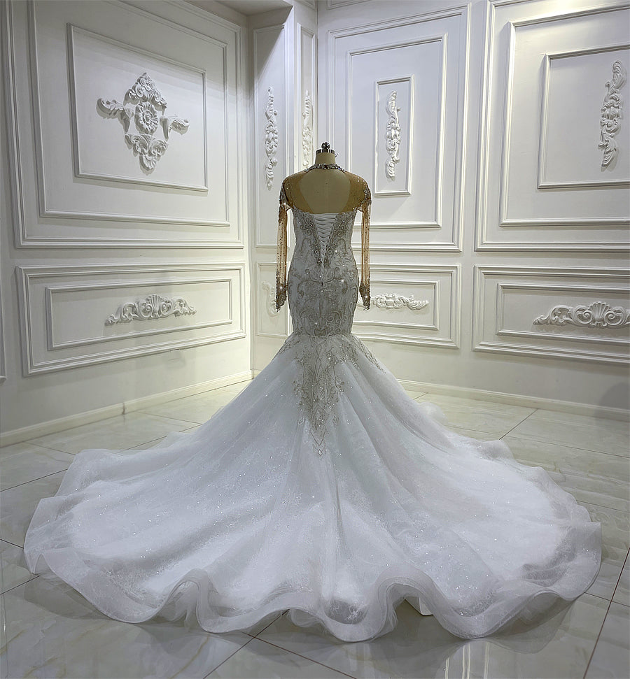 AM1362 High Neck Long Sleeve Luxury Beaded Full Lace Mermaid Wedding Dress - Elegant Bridal Gown for Beach, Church & Formal Wedding Ceremonies