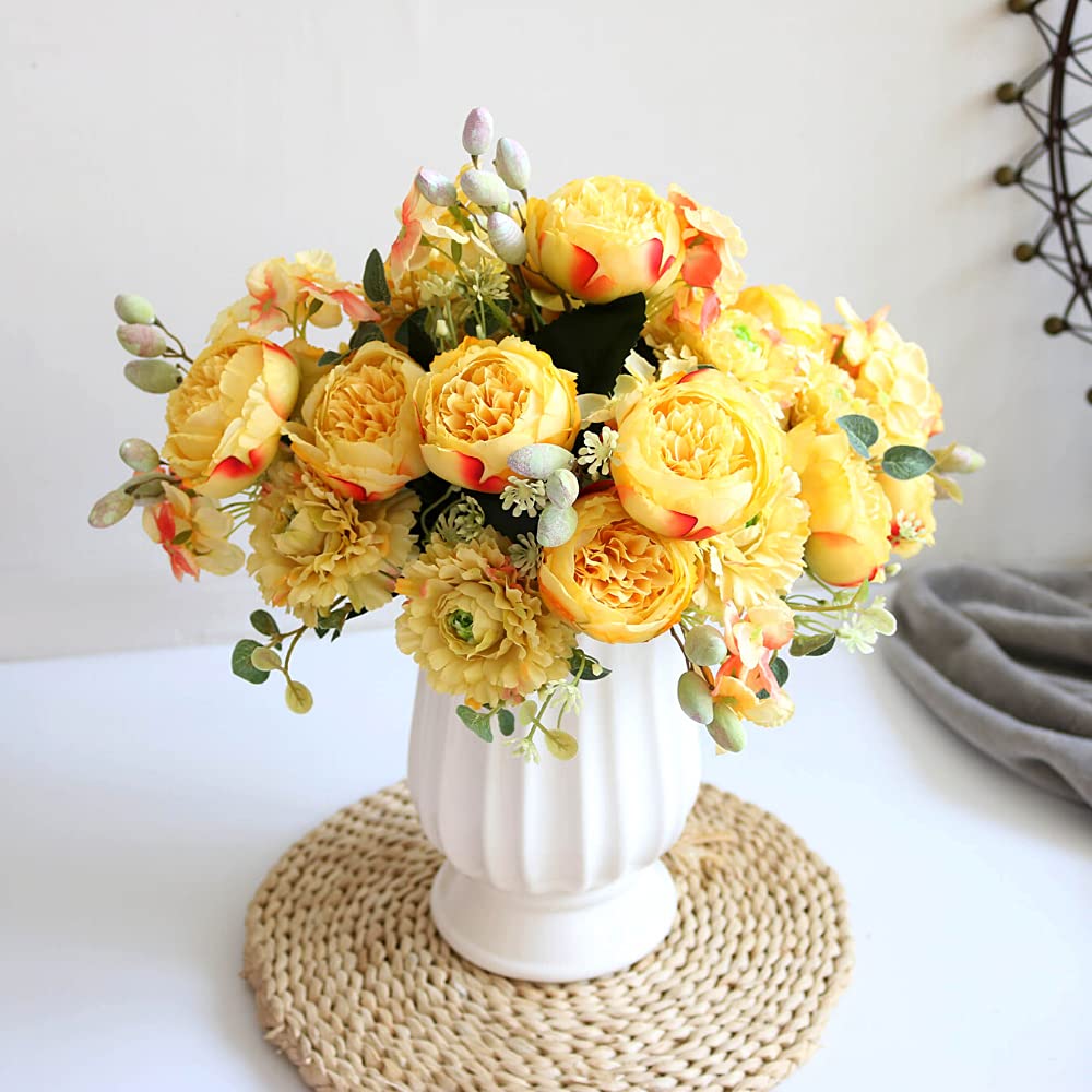 2Pcs Yellow Artificial Peony Silk Hydrangea Flowers - Realistic Fake Peonies Bouquet for Wedding Centerpieces, Home Decor, Party Arrangements - Perfect for Table Decor, Vase Displays & Event Styling