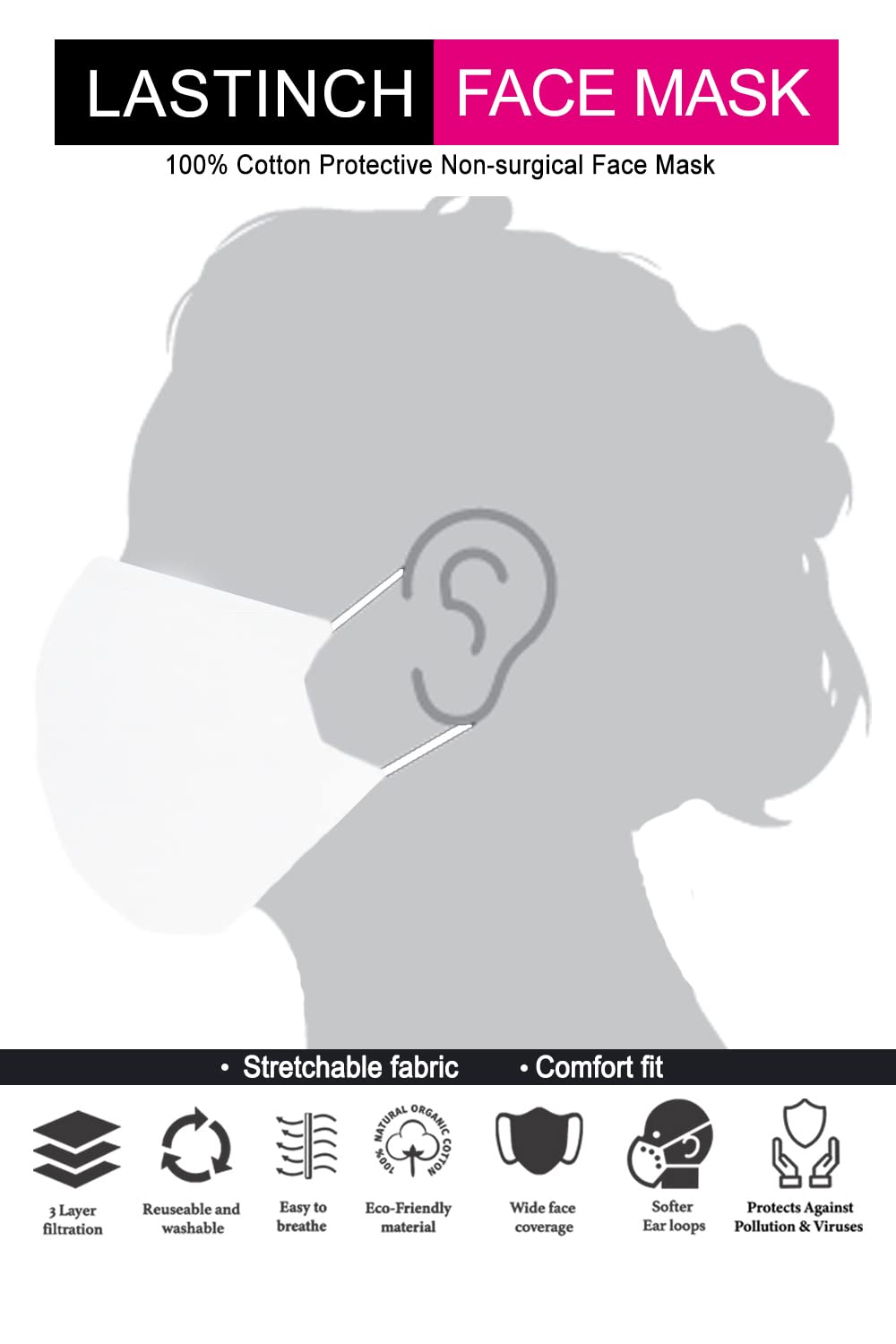 Lastinch 3-Pack White Protective Face Masks - Comfortable & Breathable for Daily Use, Travel, and Public Safety