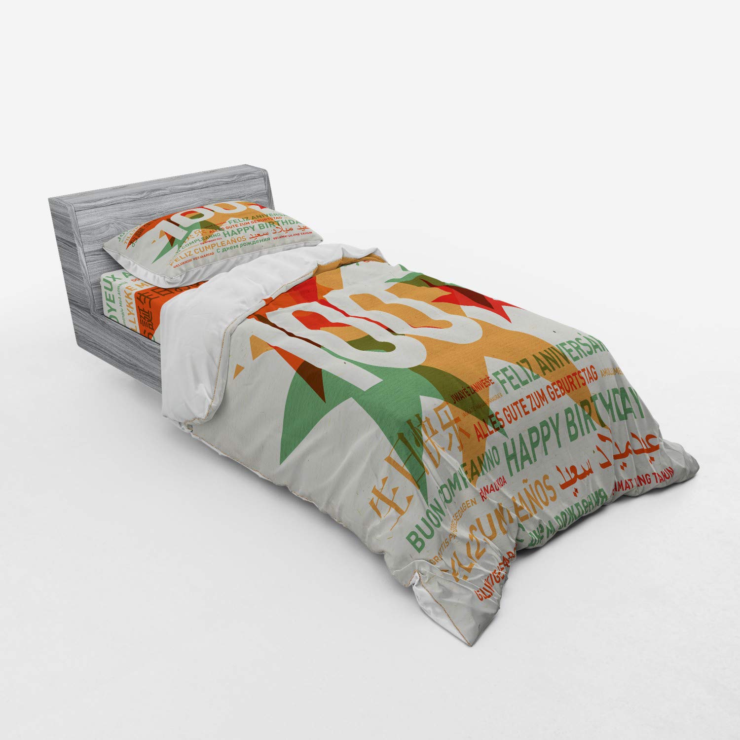 Ambesonne 100th Birthday Bedding Set - 3 Piece Duvet Cover with Sham & Fitted Sheet, Twin Size in Pale Green & Vermilion - World Languages Birthday Theme on Abstract Art Backdrop - Perfect for Milestone Celebrations & Guest Room Decor