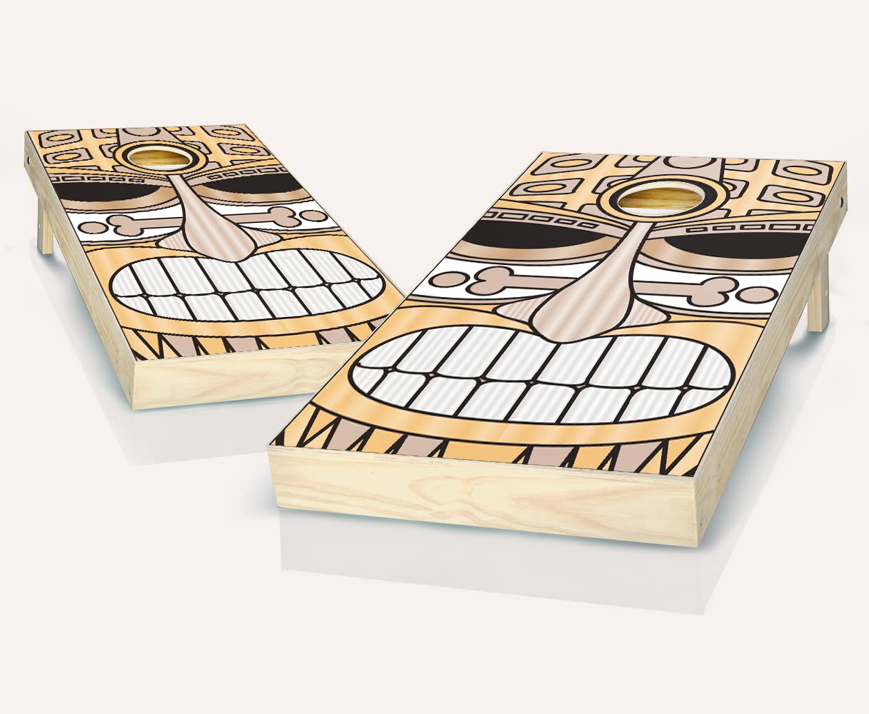 Skip's Garage Tiki Face Natural Cornhole Boards Set with 8 Bags & Accessories - Premium Outdoor Lawn Game for Backyard Parties, Tailgating & Beach Fun