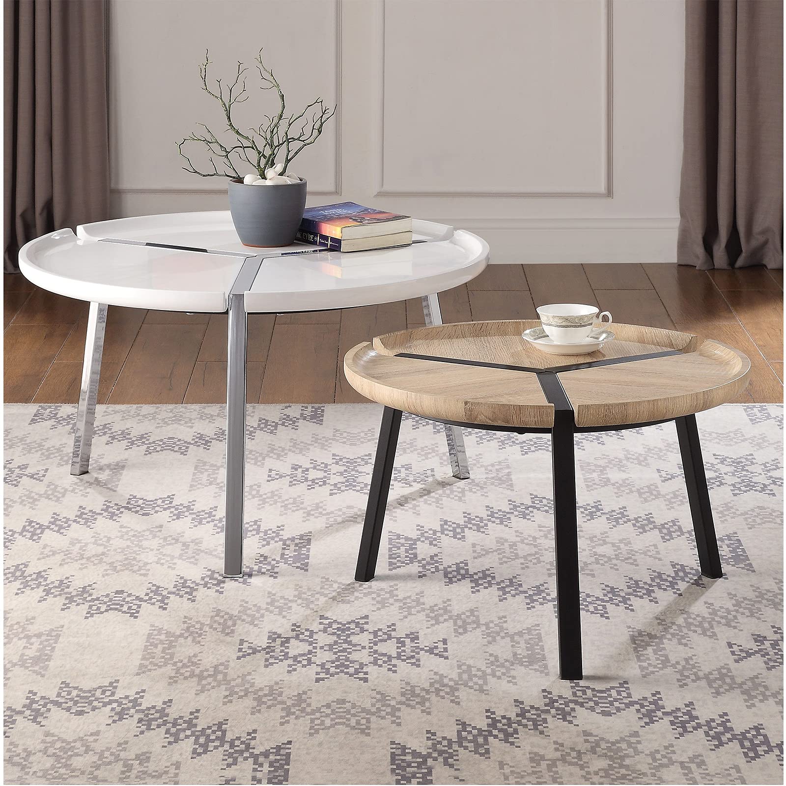 Retro Style 2-Piece Nesting Round Coffee Table Set - Natural Wood Top with Sturdy Metal Frame for Living Room, Balcony, Office - Easy Assembly - Perfect for Small Spaces, Home Decor & Coffee Lovers