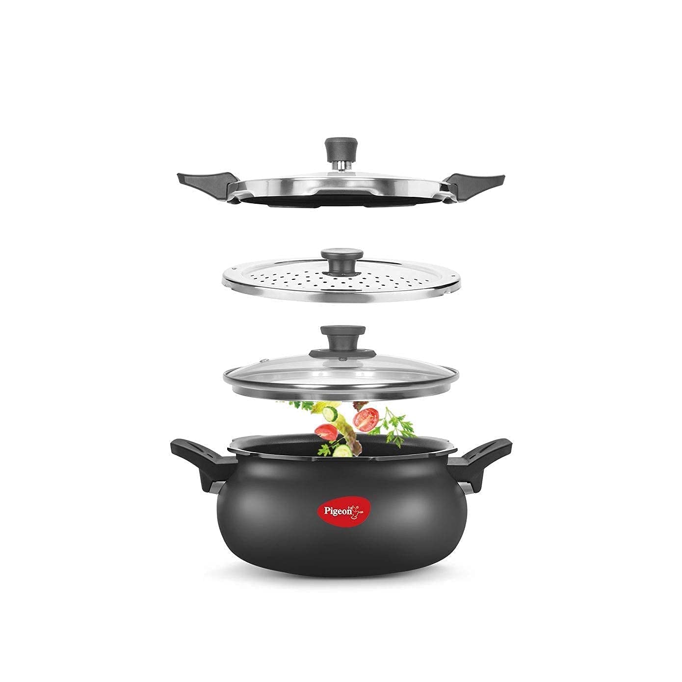 Pigeon 5.3 Quart Multi-Function Super Cooker - Hard Anodized Pressure Cooker, Steamer, Dutch Oven for All Cooktops - Fast Cooking for Meat, Soup, Rice, Beans, Idli & More (5 Liters) - Perfect for Home Cooking, Meal Prep & Family Dinners