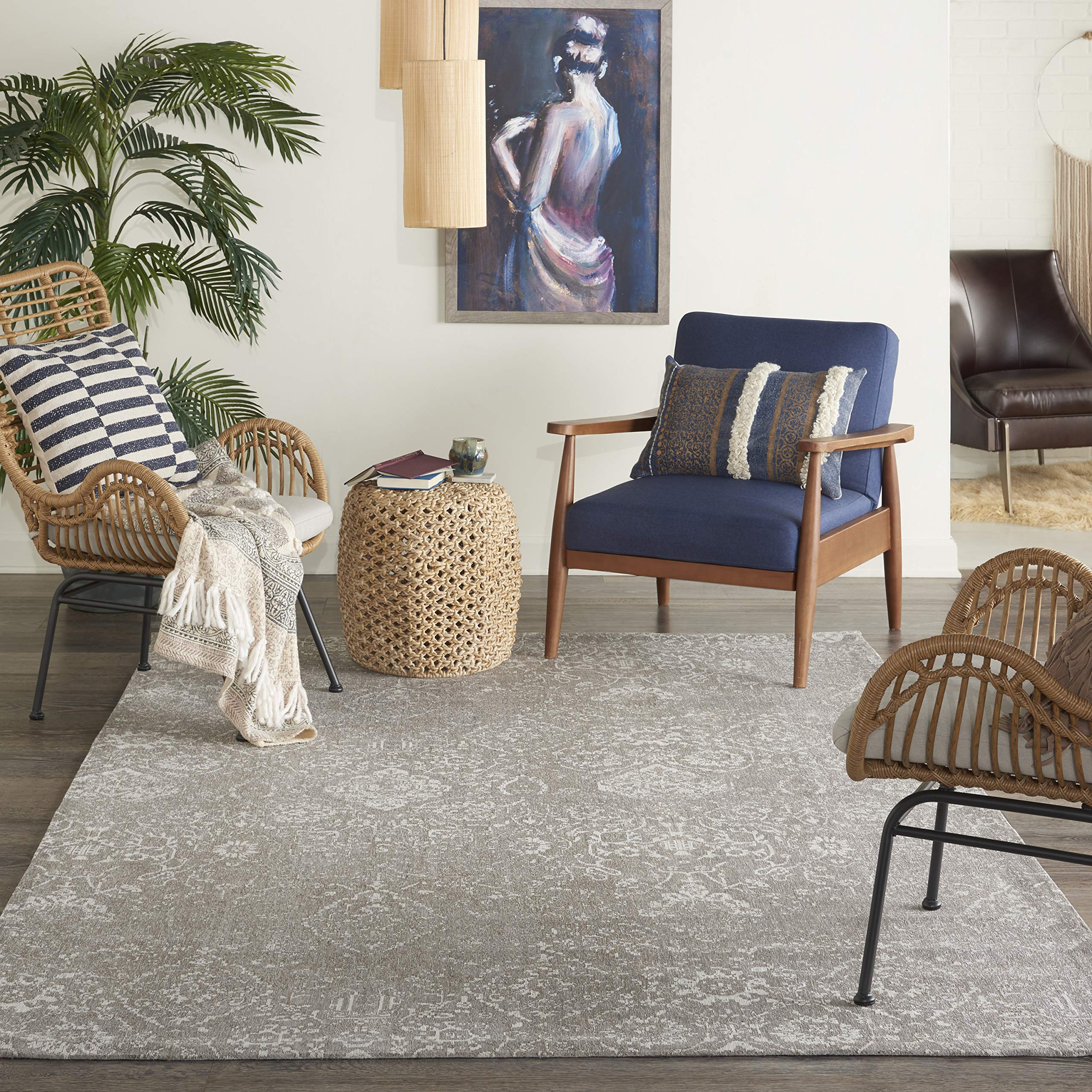 Nourison Damask Farmhouse Light Grey 6' x 9' Area Rug - Easy to Clean, Non-Shedding, Stain Resistant - Perfect for Bedroom, Living Room, Dining Room & Kitchen Decor (6x9) - Cozy Home Accent for Family Gatherings & Daily Comfort