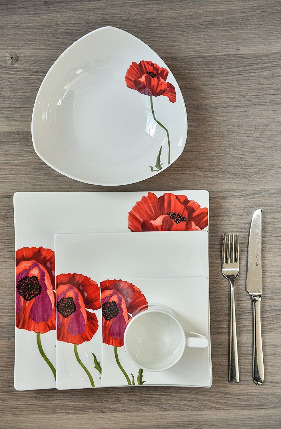 Red Vanilla Summer Sun 16-Piece Dinnerware Set - Porcelain Dinner Plates, Bowls & Cups - Elegant White Tableware for Casual Dining, Family Gatherings & Outdoor Picnics