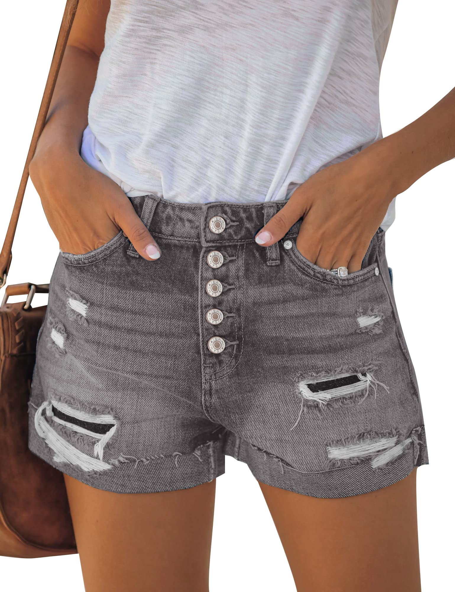 LookbookStore Women's High Waisted Denim Shorts with Button Details & Cuffed Hem | Summer Fashion Staple for Casual Outings & Beach Vacations