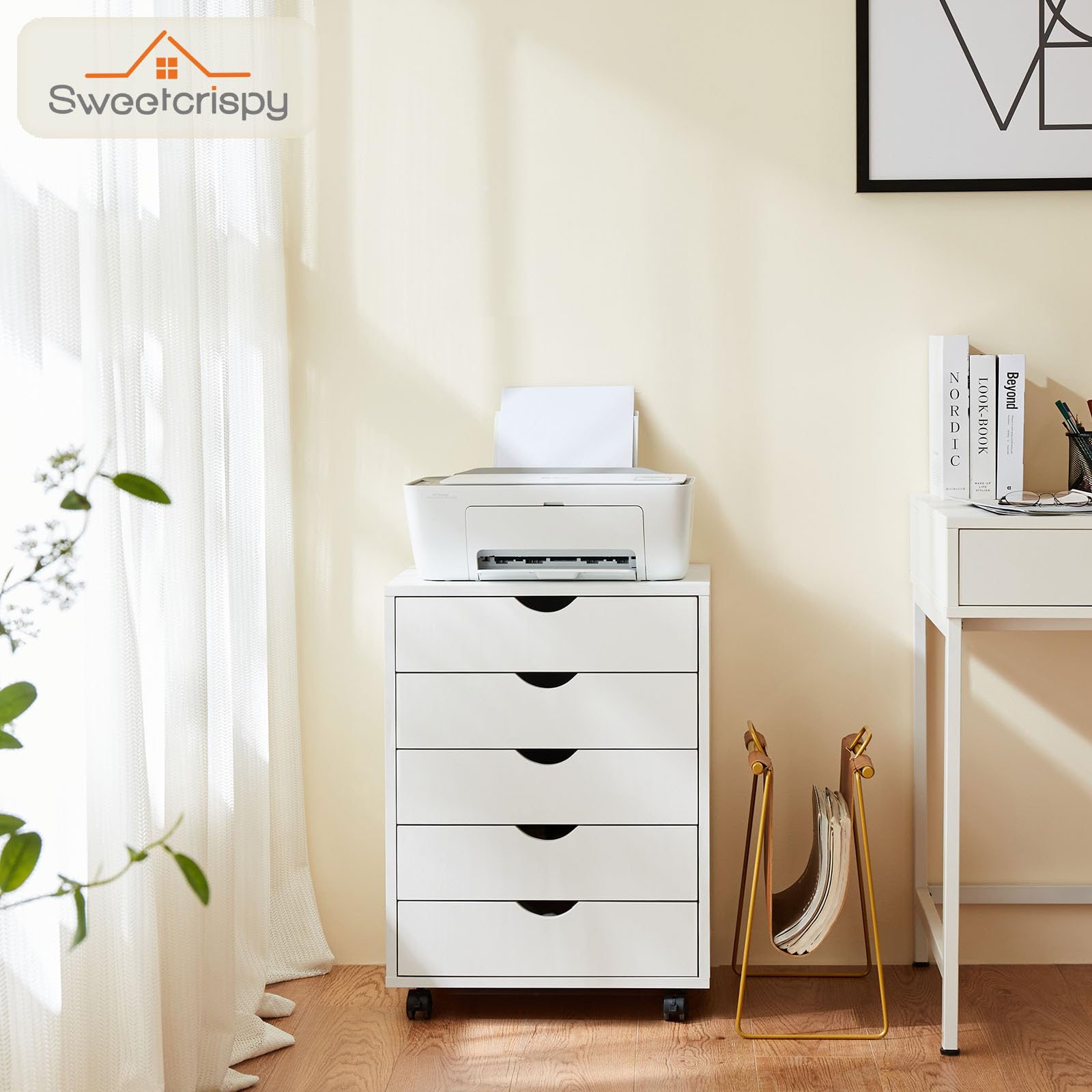 5-Drawer Wooden Dresser with Wheels - Mobile Storage Cabinet for Bedroom, Office & Home Organization - Small Drawers Chest for Clothes, Accessories & Essentials