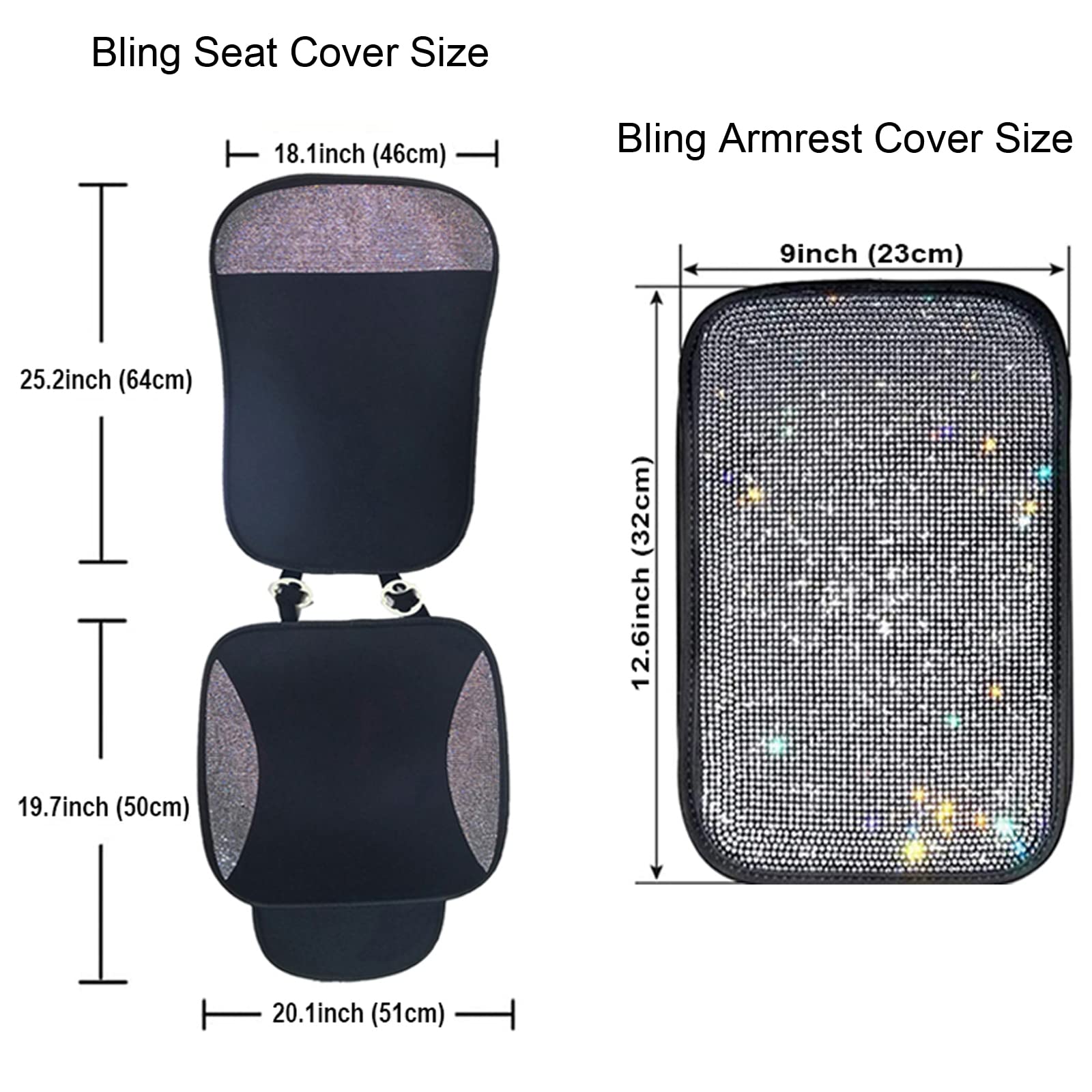 3 Pack Rhinestone Car Interior Accessories for Women - 2 Pair Sparkling Front Seat Covers with Armrest & Console Cover | Universal Fit for Sedans, SUVs & Trucks | Perfect for Car Decor & Gift Giving