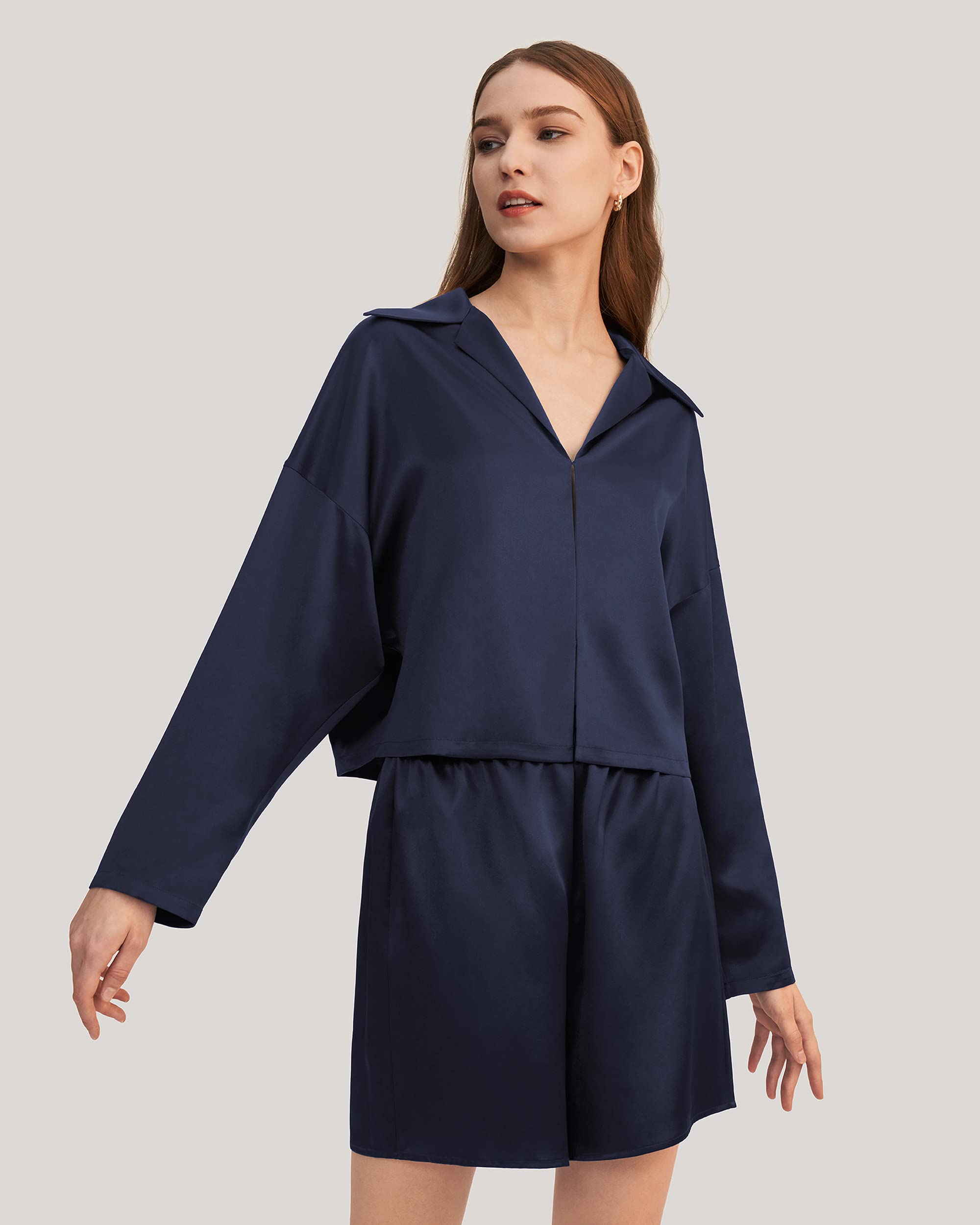 LilySilk Women's Silk Pajama Set - Minimalist Cropped Sleepwear Top & Matching Shorts 2PC Loungewear PJ Set for Comfortable Sleep & Relaxation at Home