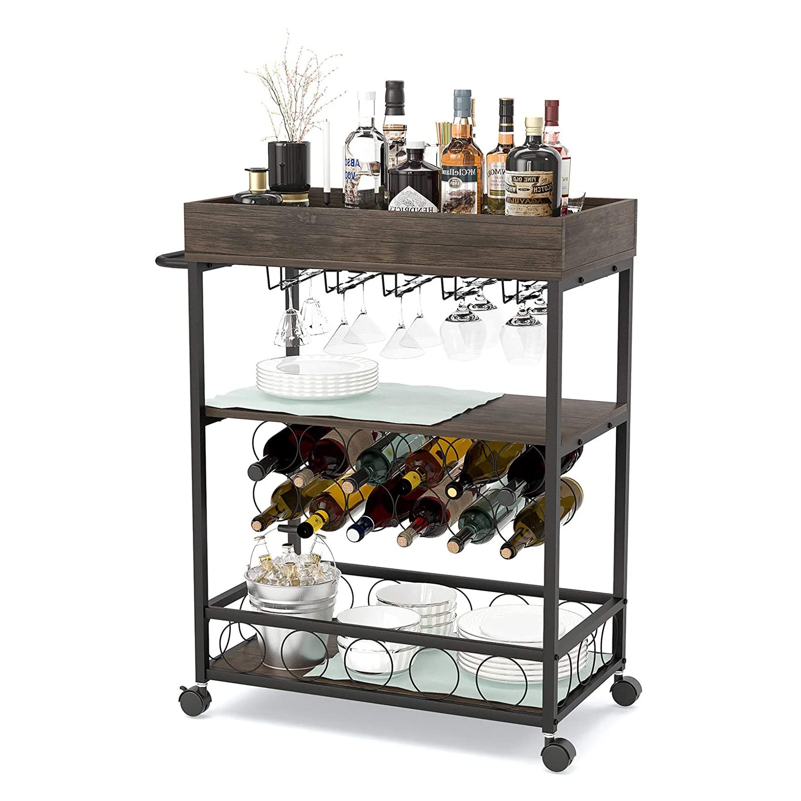 Industrial Bar Cart with Wine Rack & Glass Holder - Metal Kitchen Island Serving Cart with Brake Wheels & Handle - Perfect for Home Bars, Parties, and Dining Room Storage