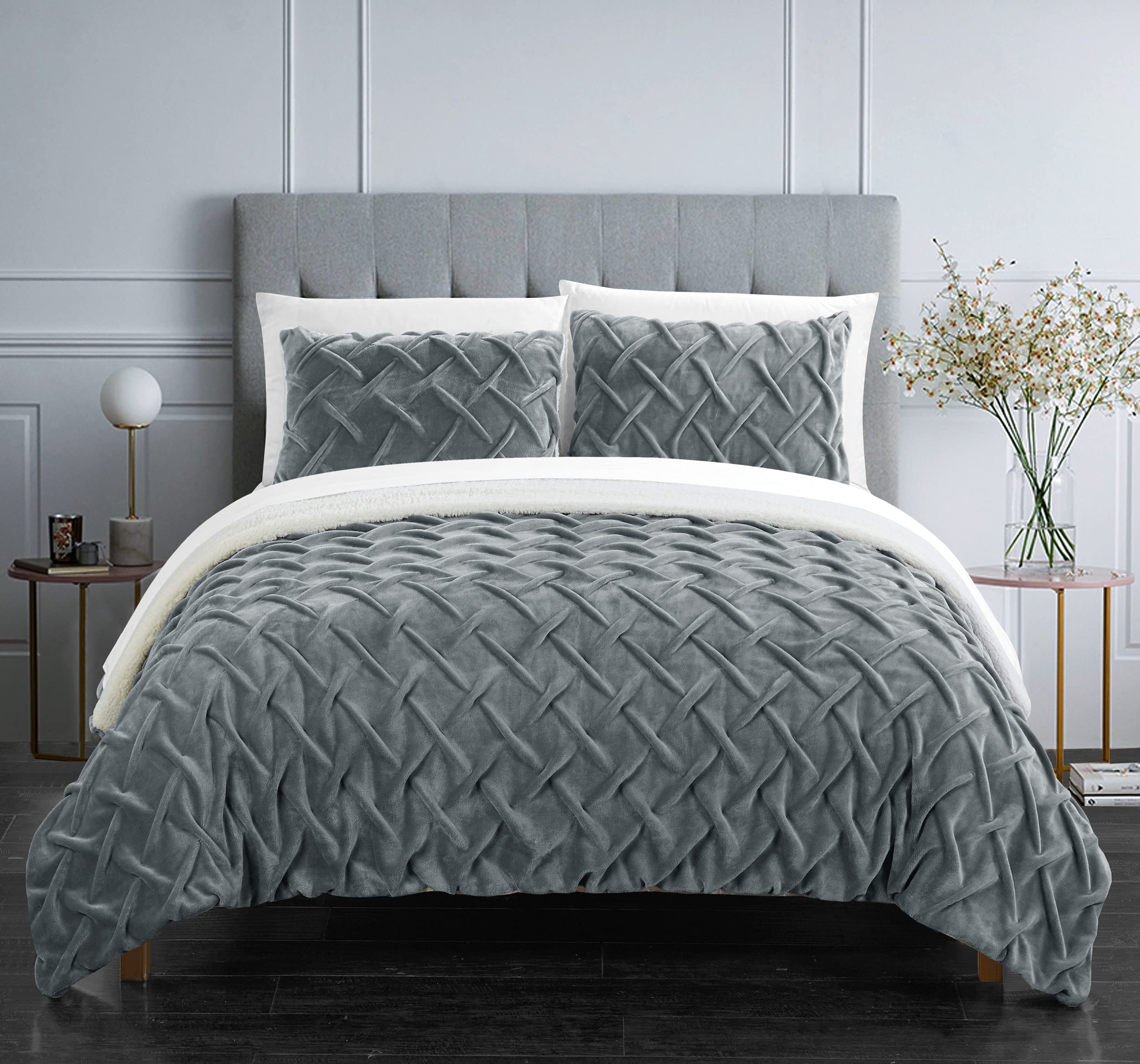 Chic Home Naima 3-Piece Comforter Set - Ultra Plush Micro Mink with Crises Cross Pinch Pleat & Sherpa Lining - Includes Decorative Pillow Shams - Twin Size Grey Bedding - Perfect for Cozy Winter Nights & Guest Room Decor