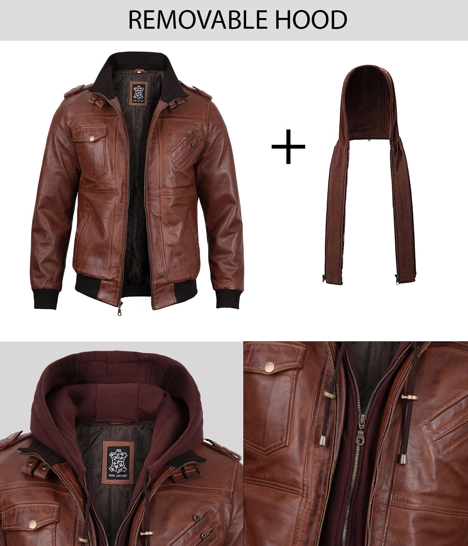 Genuine Leather Bomber Jacket for Men - Motorcycle & Casual Wear with Removable Hood - Perfect for Riding, Travel & Everyday Fashion