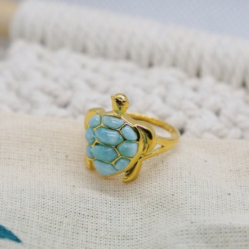 Larimar Golden Turtle Ring - Handmade Sterling Silver Jewelry for Women, Boho Beach Style Accessory | Perfect for Vacation, Gift Giving & Spiritual Healing