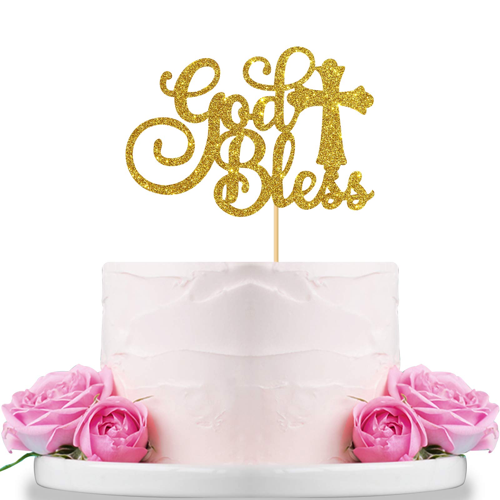 Gold Glitter 'God Bless' Cake Topper for First Communion, Baby Shower & Party Decorations - Elegant 'Bless This Child' Celebration Decor for Religious Events & Special Occasions