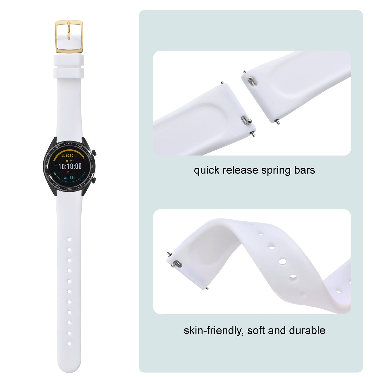 **ANNEFIT 18mm Quick Release Silicone Watch Band - Classic Gold Clasp, Durable Rubber Sport Strap (White) - Perfect for Running, Swimming & Everyday Wear**
