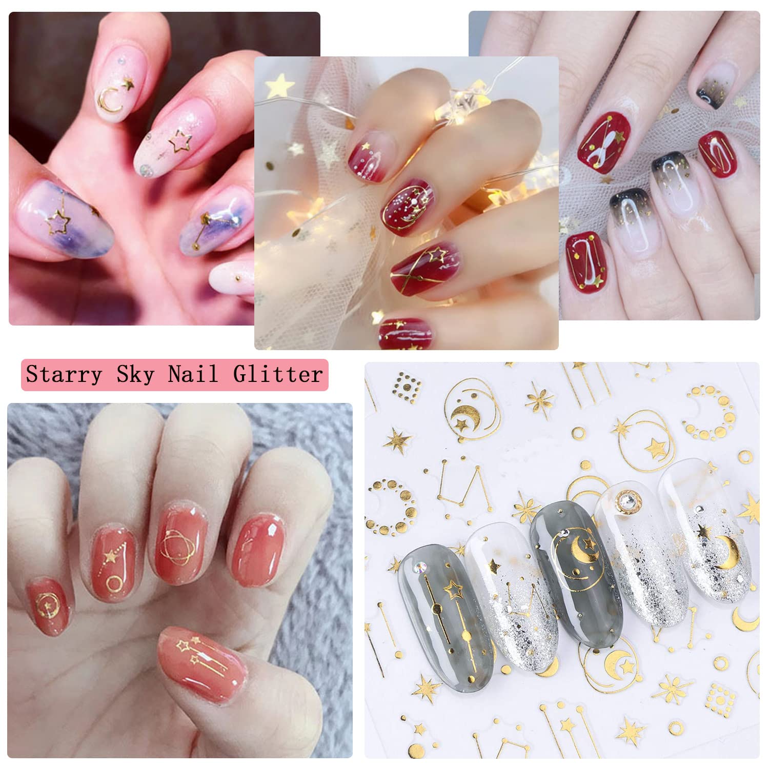 12 Sheets Gold Nail Art Stickers Set - Metallic Star, Heart, Moon & Flower Designs | 3D Self-Adhesive Nail Decals for DIY Manicure & Nail Decoration | Perfect for Parties, Weddings & Special Occasions