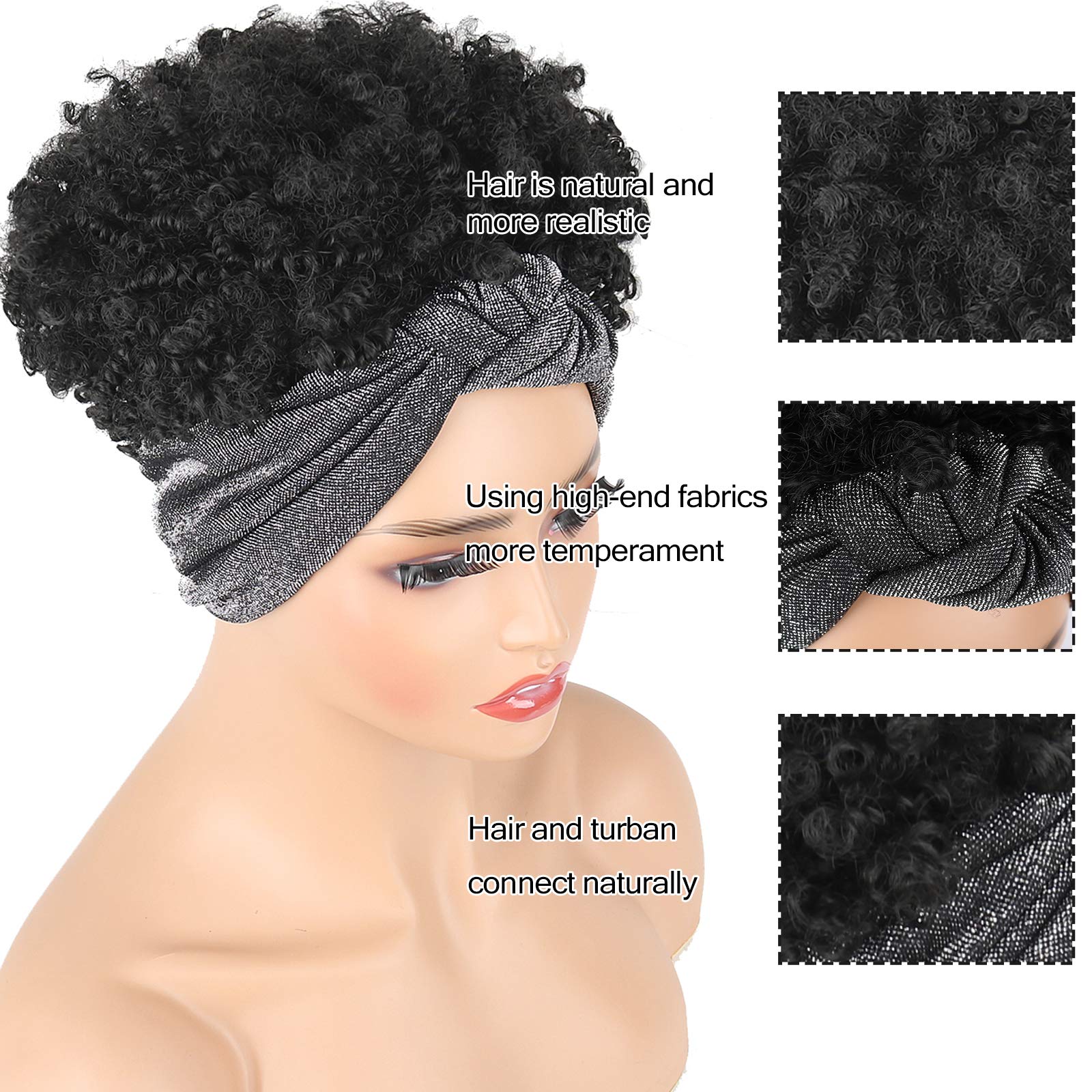 Short Kinky Curly Headband Wigs for Black Women - Natural Hair Half Wig with Attached Scarf | Perfect for Daily Wear, Cosplay & Protective Styling