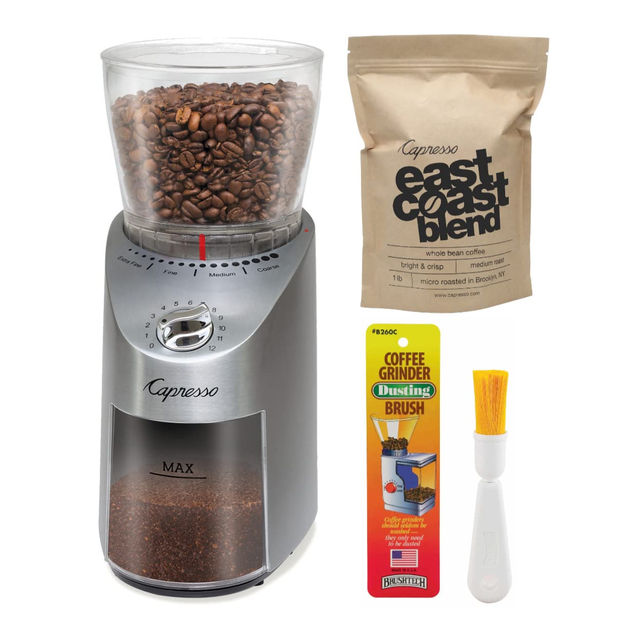 Capresso 575.05 Infinity Plus Conical Burr Coffee Grinder - Stainless Steel Bundle with East Coast Blend Coffee Beans & Cleaning Brush | Perfect for Home Brewing, Espresso Making & Coffee Enthusiasts