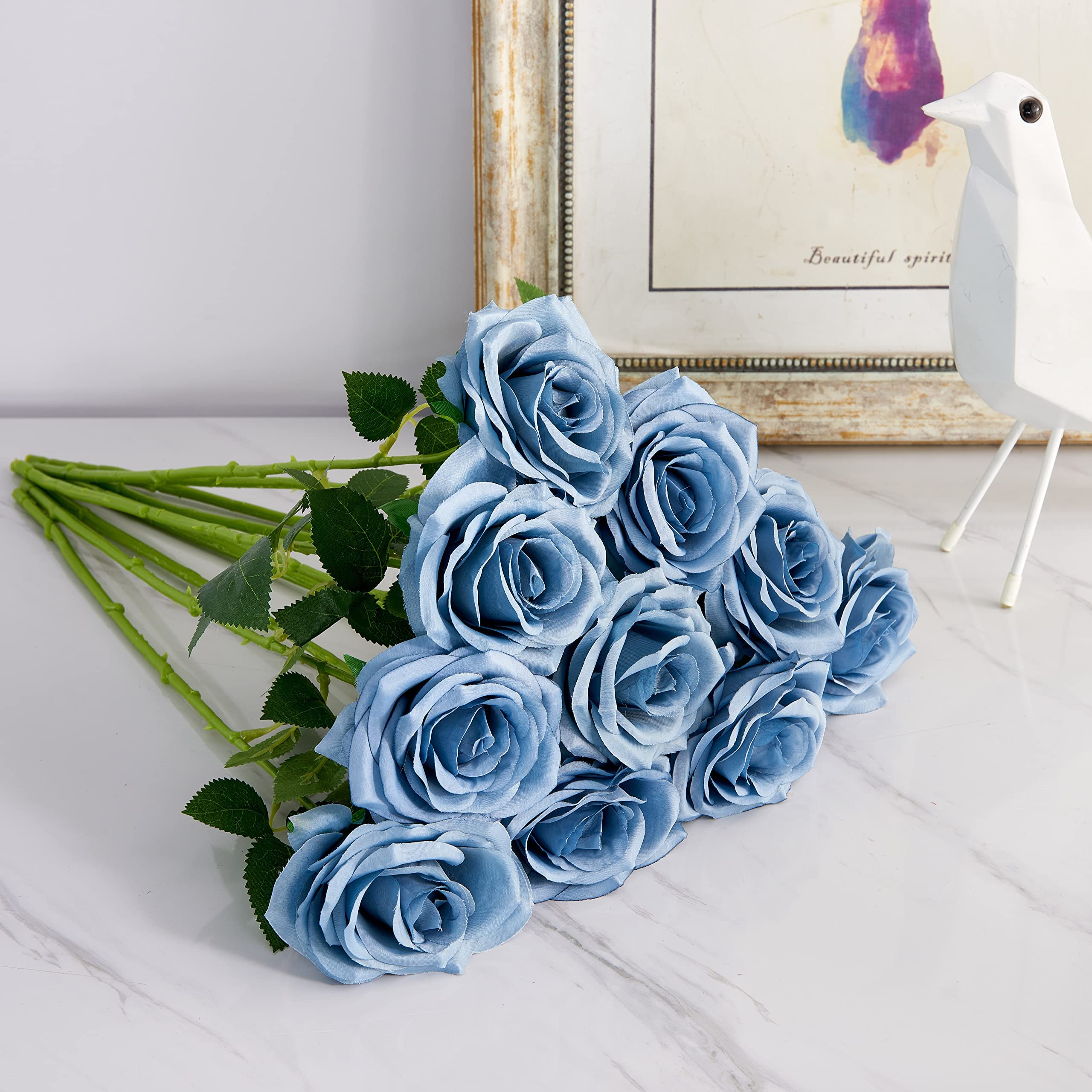 10pcs Artificial Rose Bouquet - Dusty Blue Silk Fake Roses for Wedding Arrangements, Bridal Bouquets, Centerpieces, Home Decor, Party & Event Decoration - Long-Lasting Floral Stems for Romantic Settings & Tabletop Displays