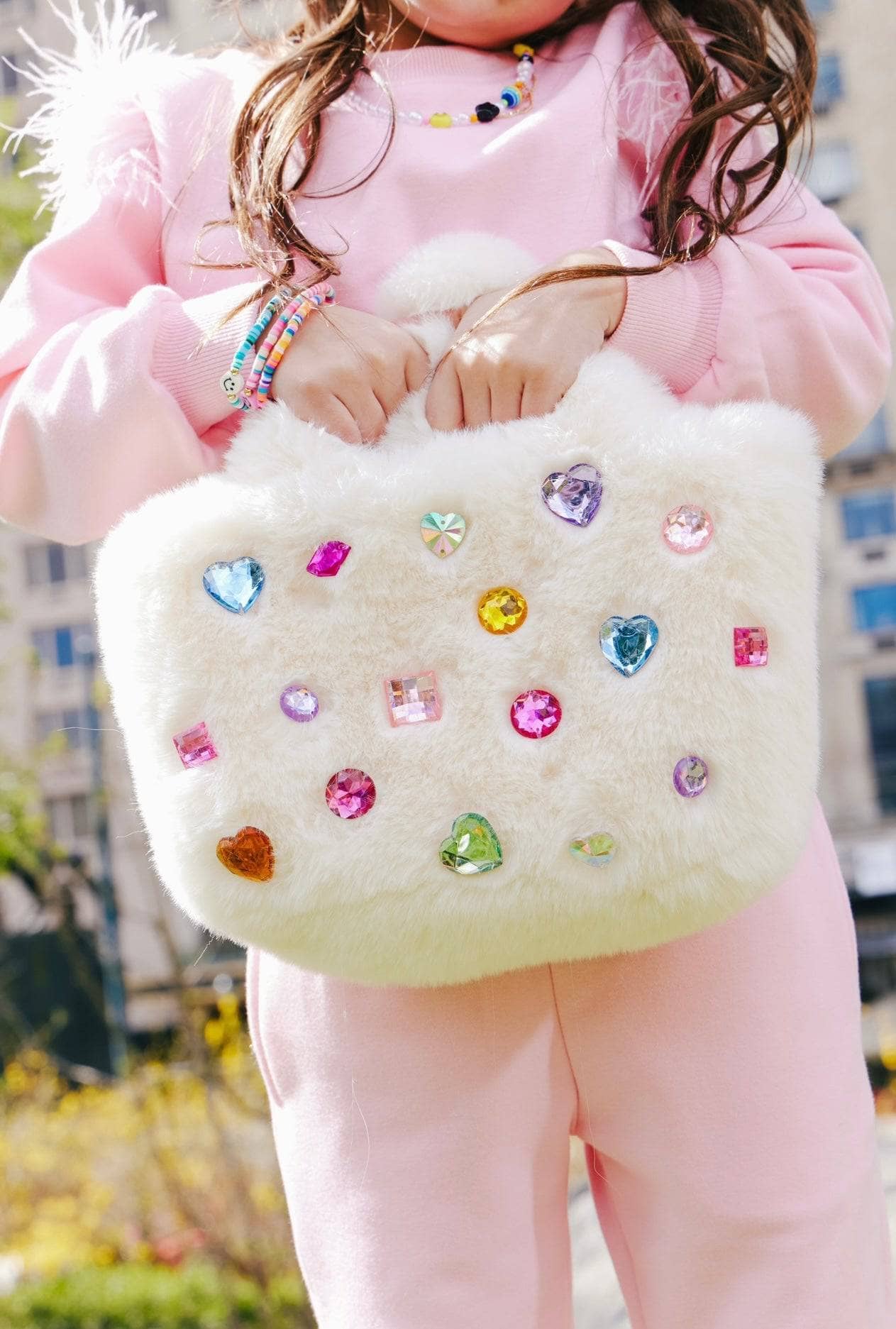 Lola & The Boys Plush Gem Tote Bag for Girls - Stylish Kids Shoulder Purse with Sparkle Gems, Perfect for School, Parties & Playdates