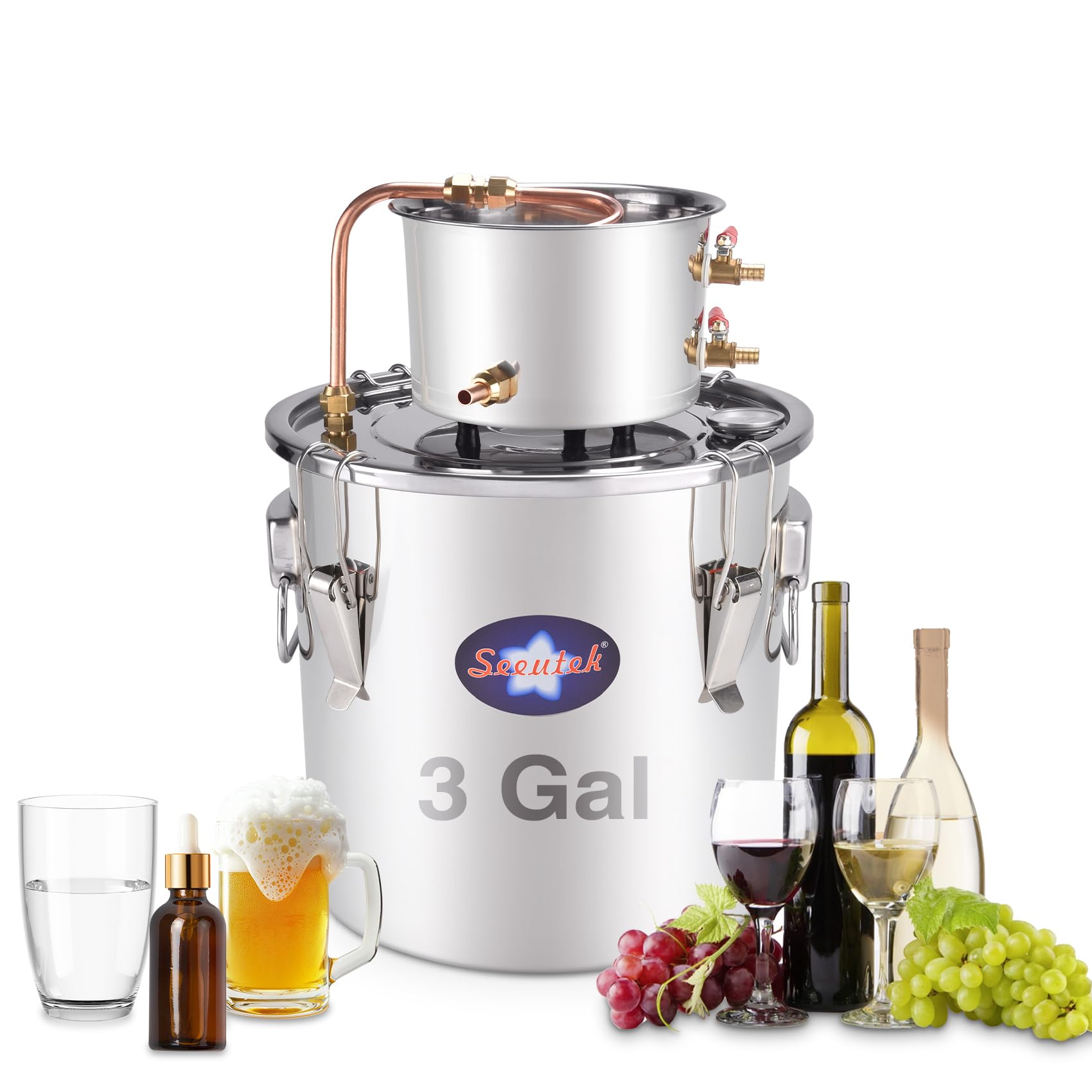 Seeutek 3 Gallon (12L) Alcohol Still Distiller Kit with Circulating Pump, Copper Tube & Dual Display Thermometer - Home Brewing Equipment for Whisky, Wine Making & Essential Oil Extraction | Perfect for DIY Spirits, Moonshine & Craft Distilling at Home