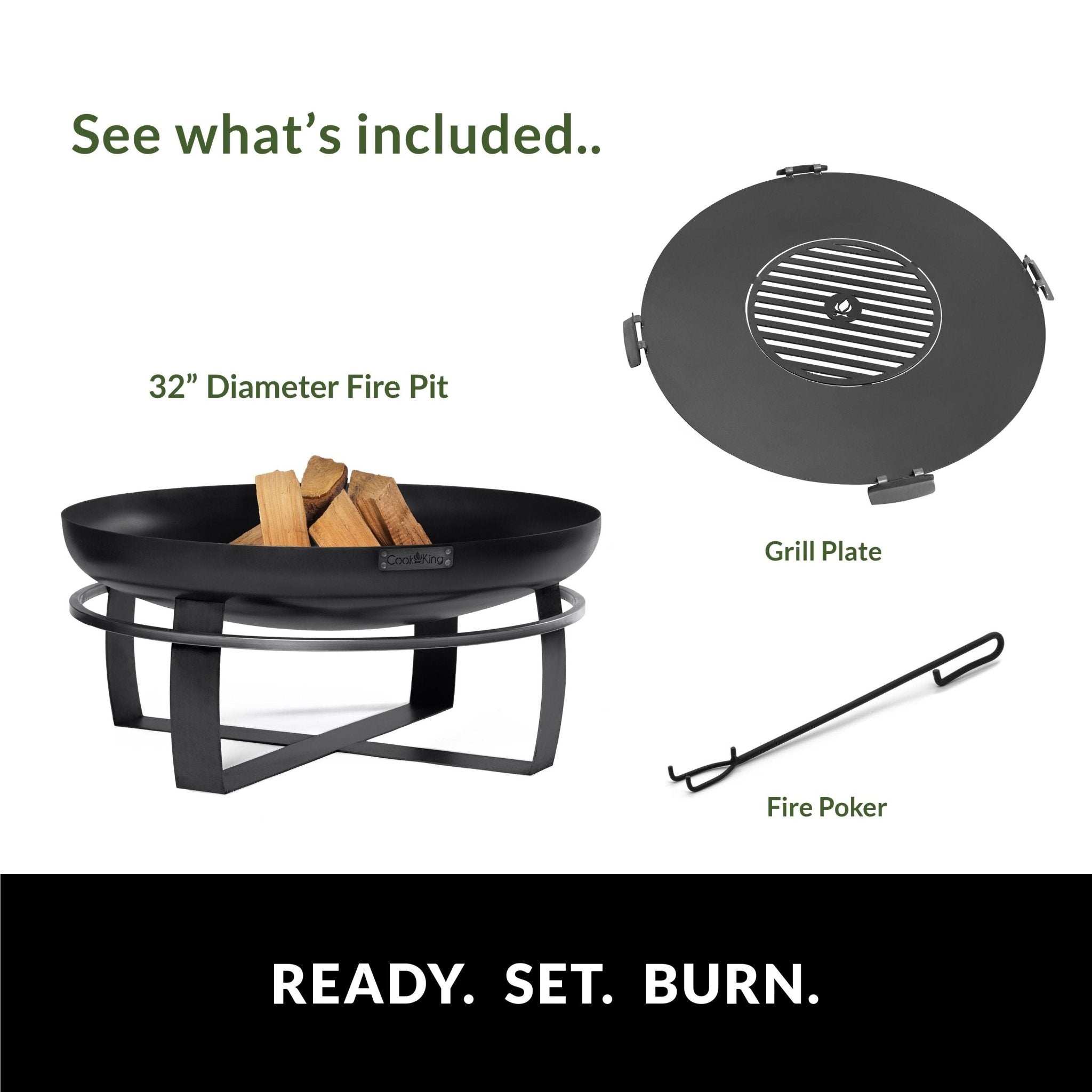 Viking 32-Inch Outdoor Fire Pit with Removable Grill Plate - Perfect for Backyard Camping, BBQ Parties & Patio Gatherings