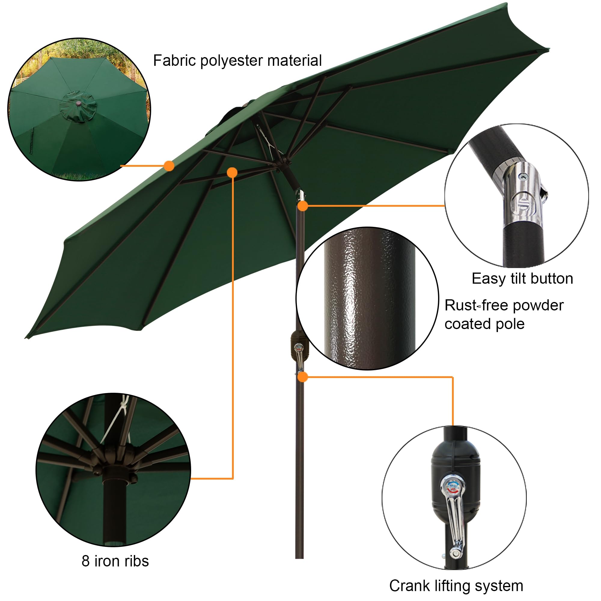 Blissun 9' Outdoor Patio Umbrella with 8 Sturdy Ribs - Push Button Tilt & Crank - Perfect for Backyard, Garden, Poolside, and Restaurant Outdoor Dining