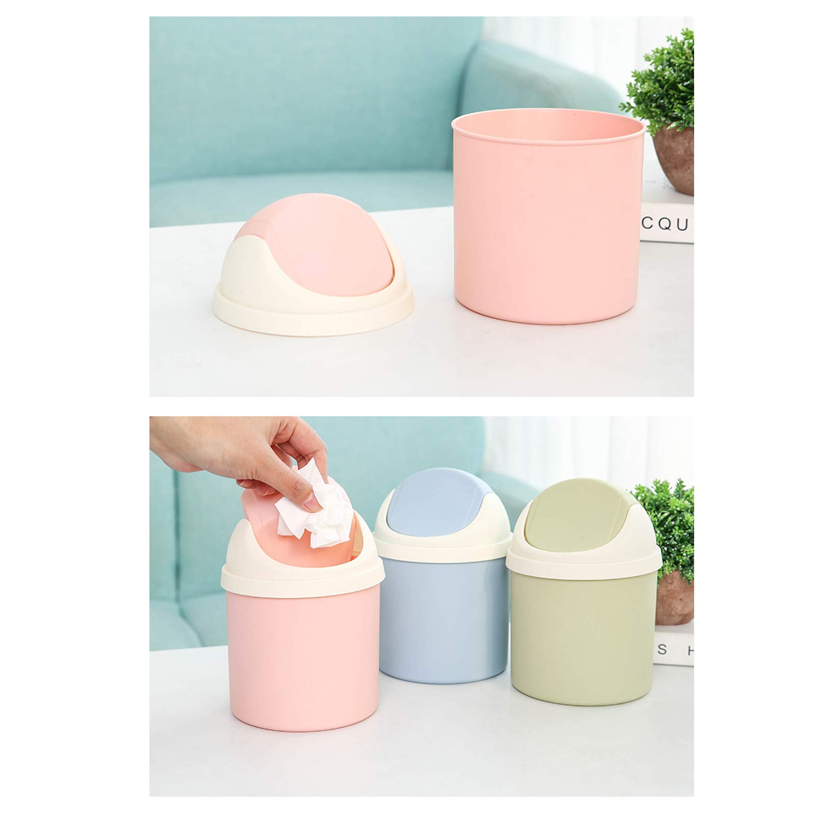 Mini Desktop Trash Can with Swing Lid - Stylish Lace Polka Dot Small Waste Bin for Office, Bathroom, Bedroom | Round Tabletop Garbage Can for Home & Kids Room (Blue) | Perfect for Desks, Nightstands & Vanities