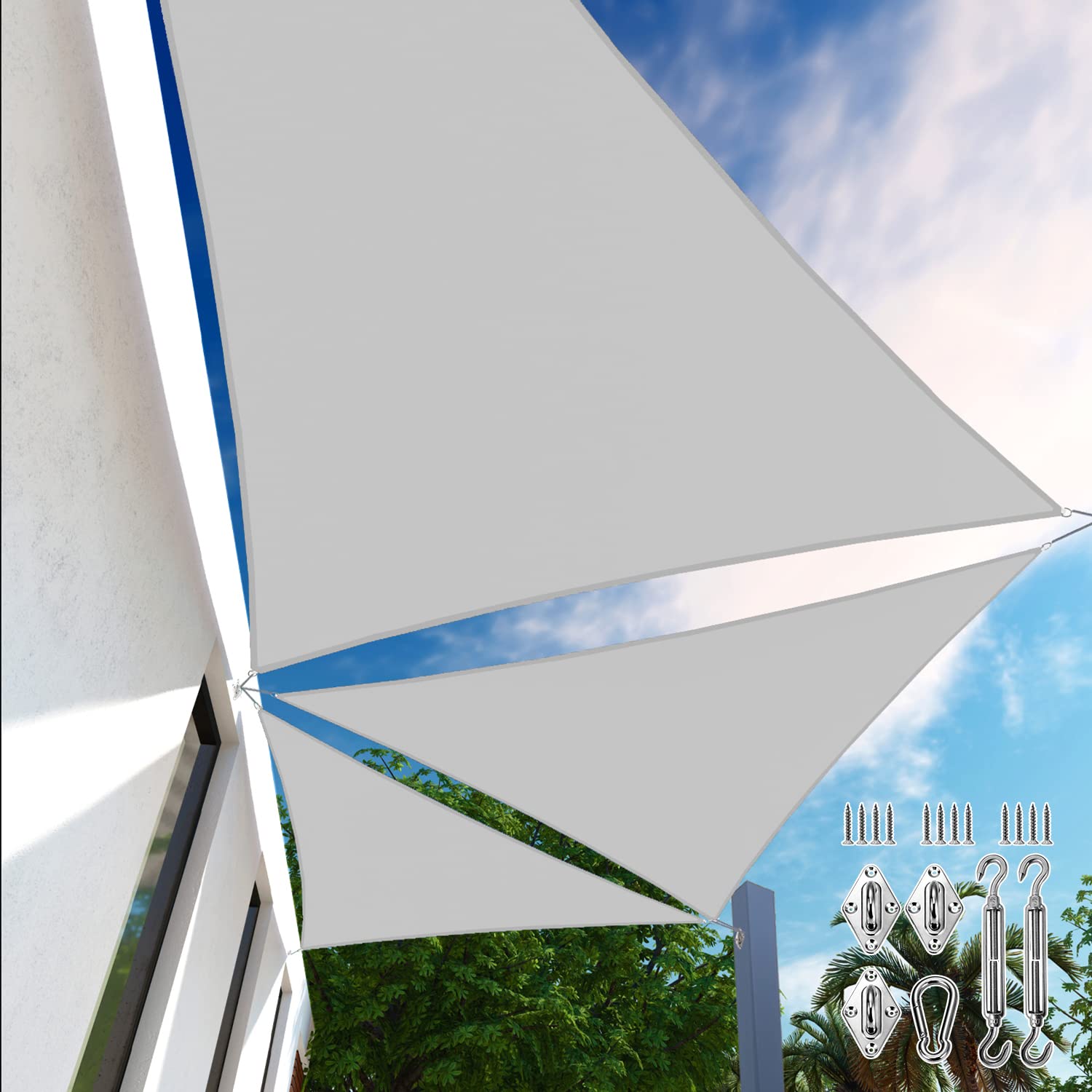 E&K Sunrise 11' x 14' x 17.8' Waterproof Right Triangle Sun Shade Sail - UV Block Canopy with Stainless Steel Hardware Kit, Light Grey - Perfect for Patio, Backyard, Garden, Poolside & Outdoor Activities