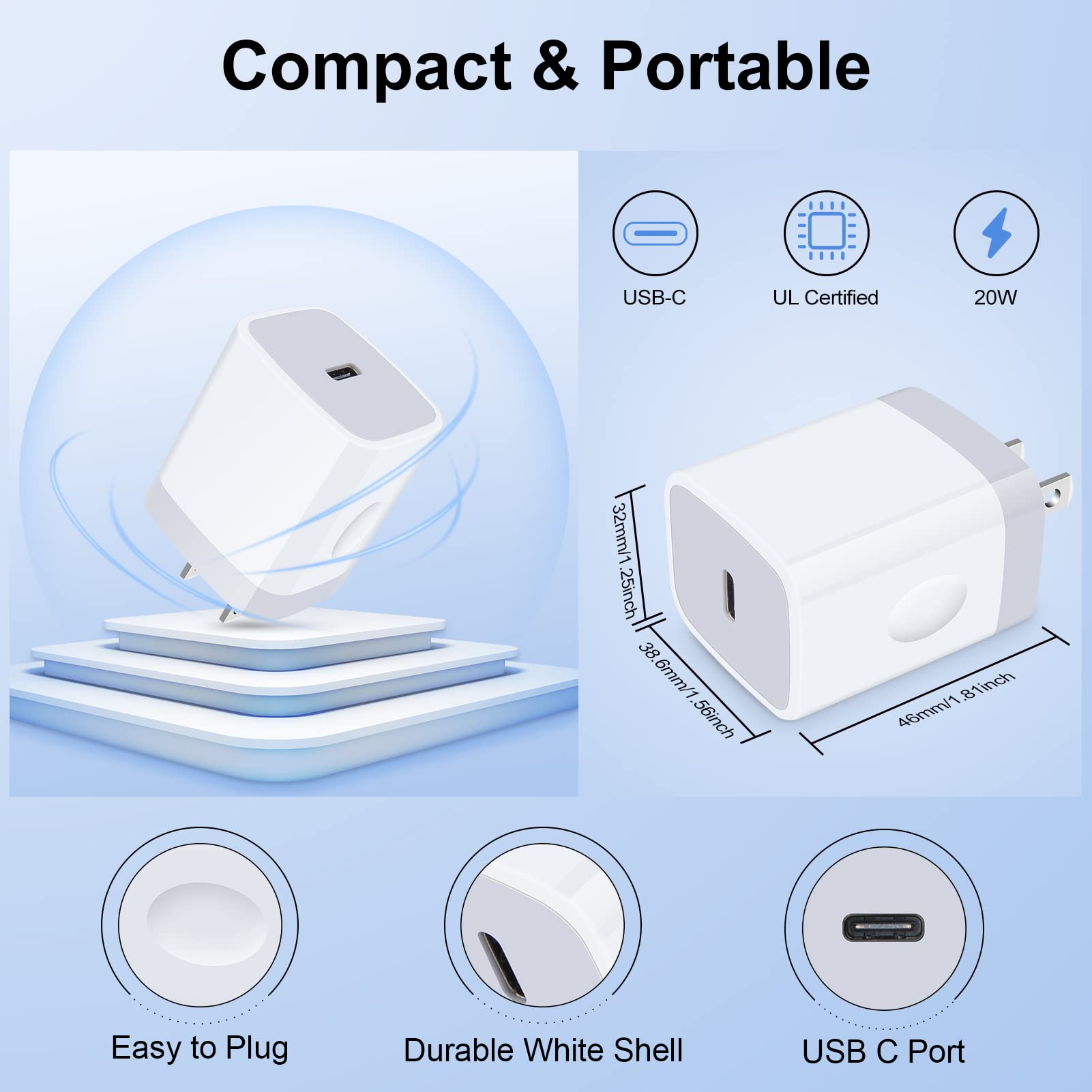 3-Pack 20W USB C Wall Charger Fast Charging Block - PD Power Adapter for iPhone 14/13/12/11 Series, Samsung Galaxy, iPad & More | Compact Cube Plug for Home, Office & Travel