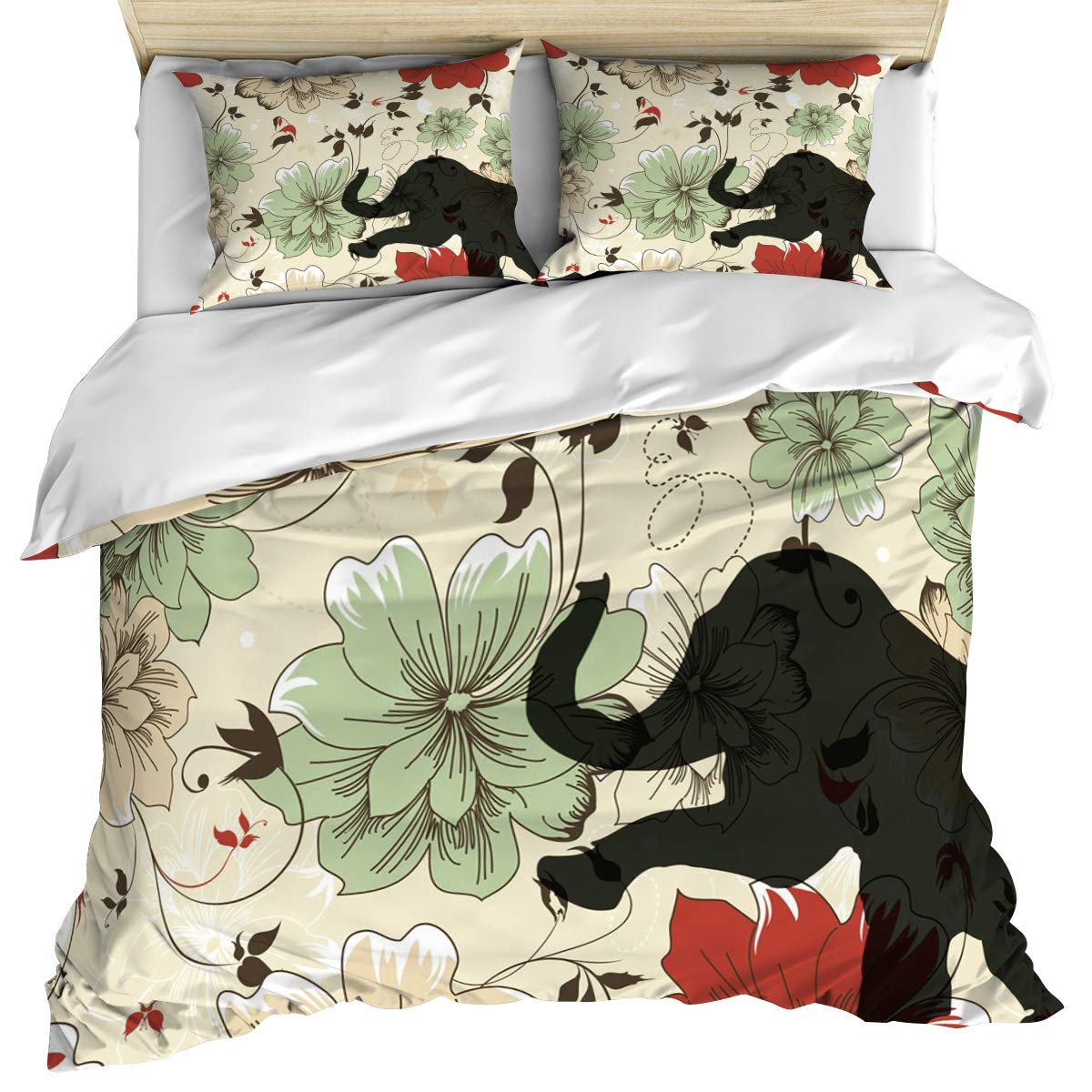 Luxury King Size Duvet Cover Set - Elegant Floral Elephant Print, 3 Piece Beding Set with Pillow Shams | Soft & Cozy 100% Cotton Gray Shadow Duvet Cover | Machine Washable for Bedroom Decor & Guest Room Essentials